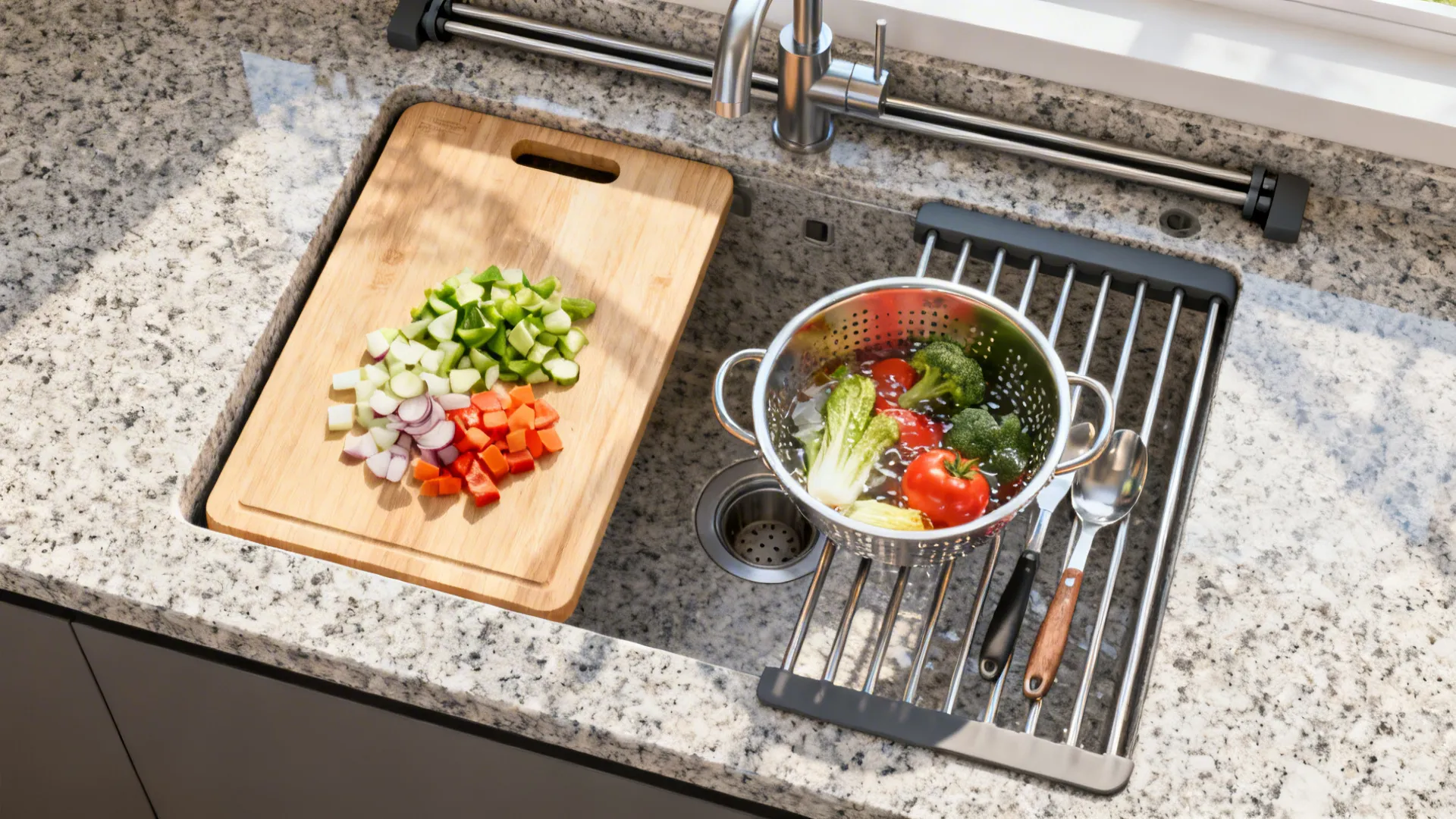 Top-down view of a granite workstation sink with rails, roll-up rack, cutting board, and colander in use.