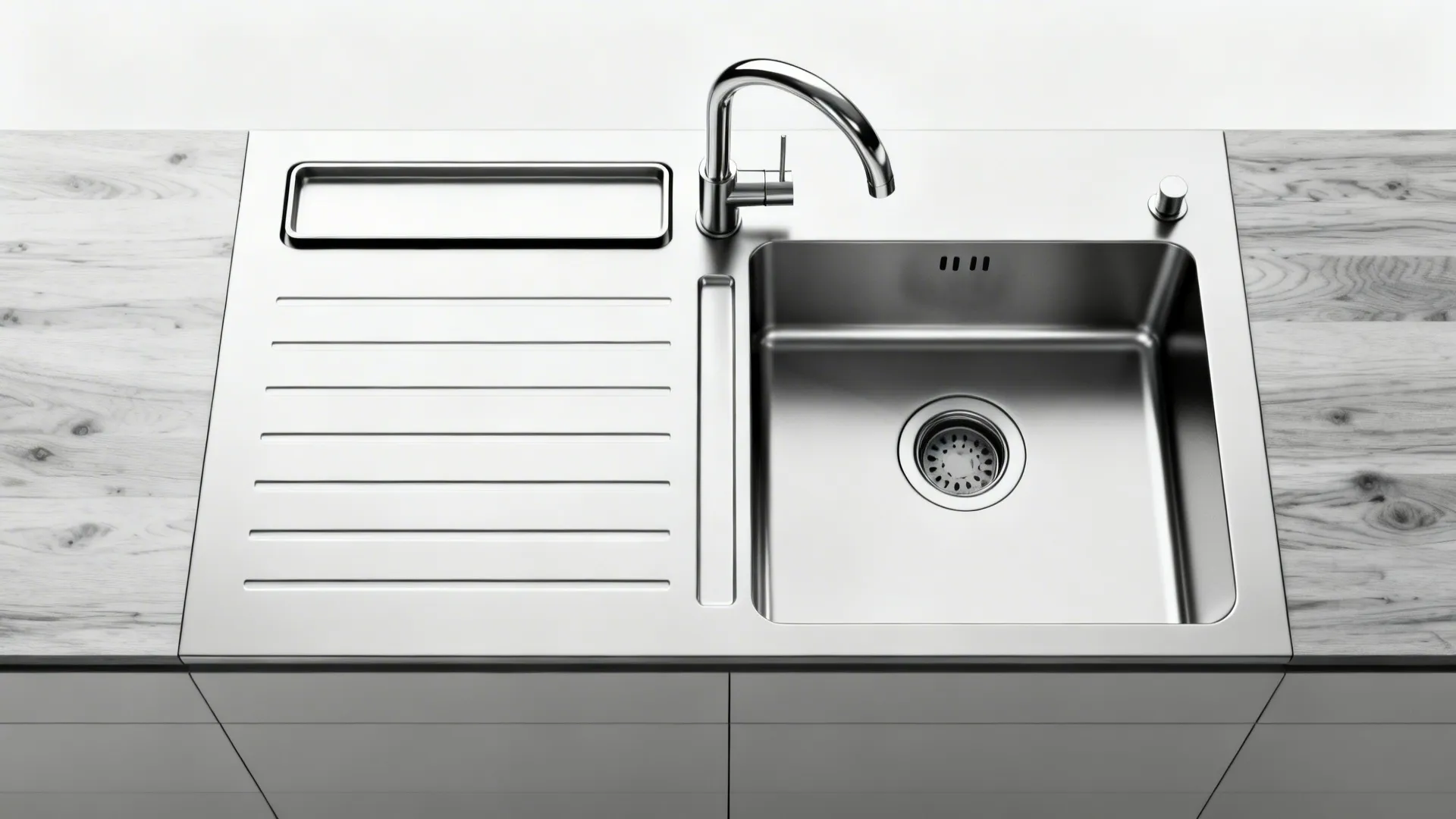 Top-down layout showing spout reach arc over a workstation sink and ledges.