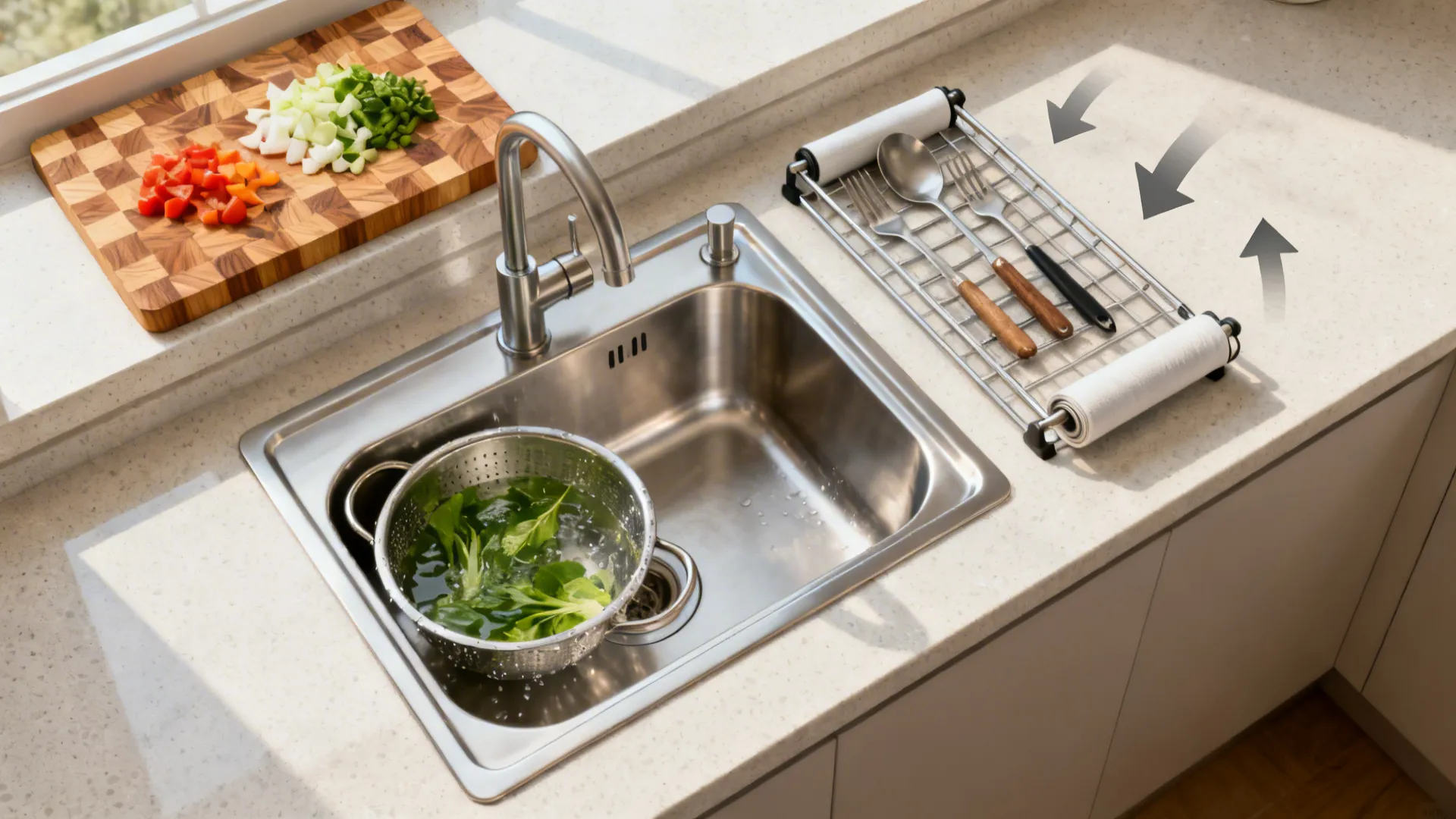 Top-down view of a workstation sink showing prep, rinse, and dry steps on integrated ledges.