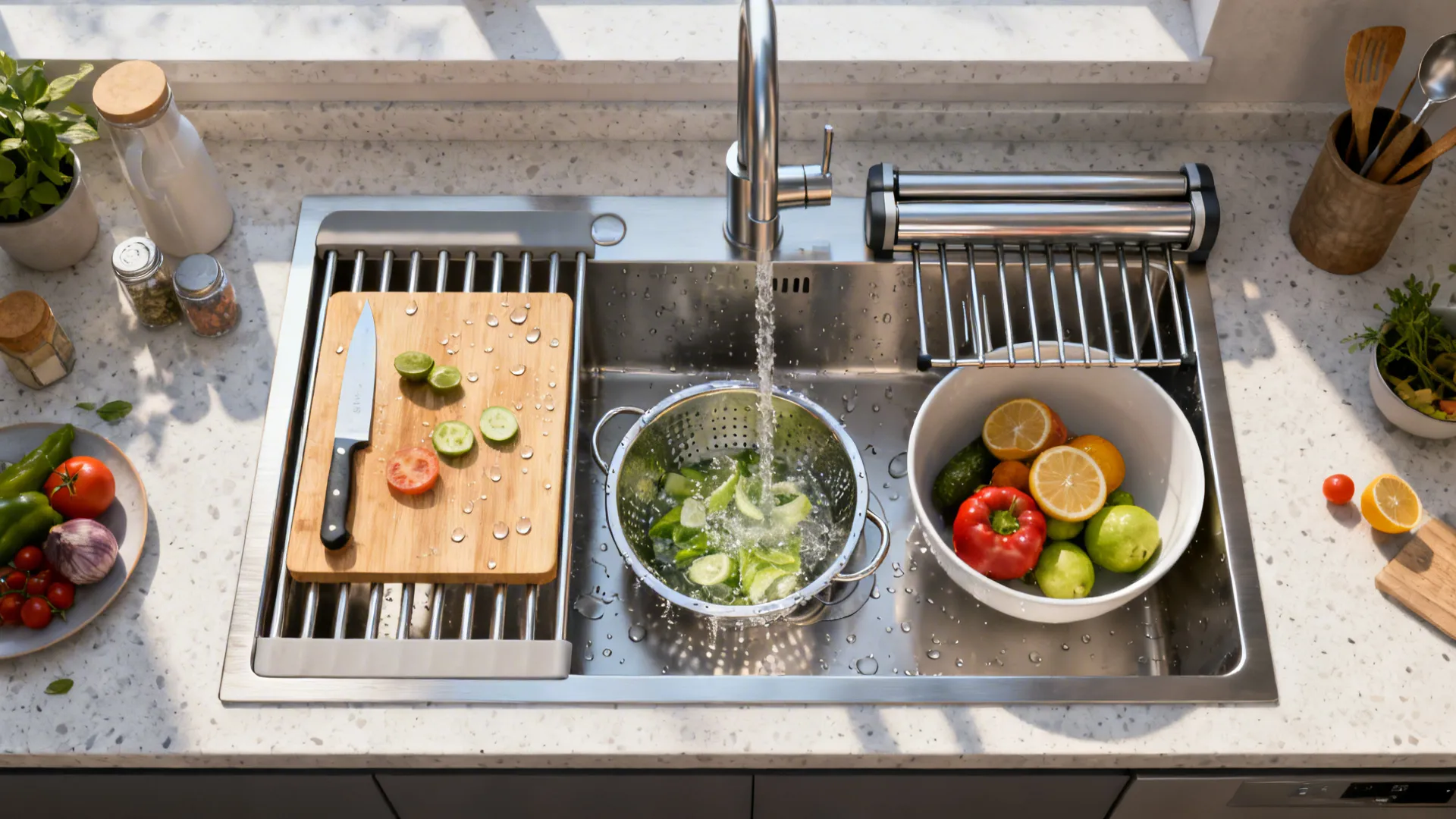 Top-down view of a workstation sink showing prep, rinse, and dry zones on sliding accessories.