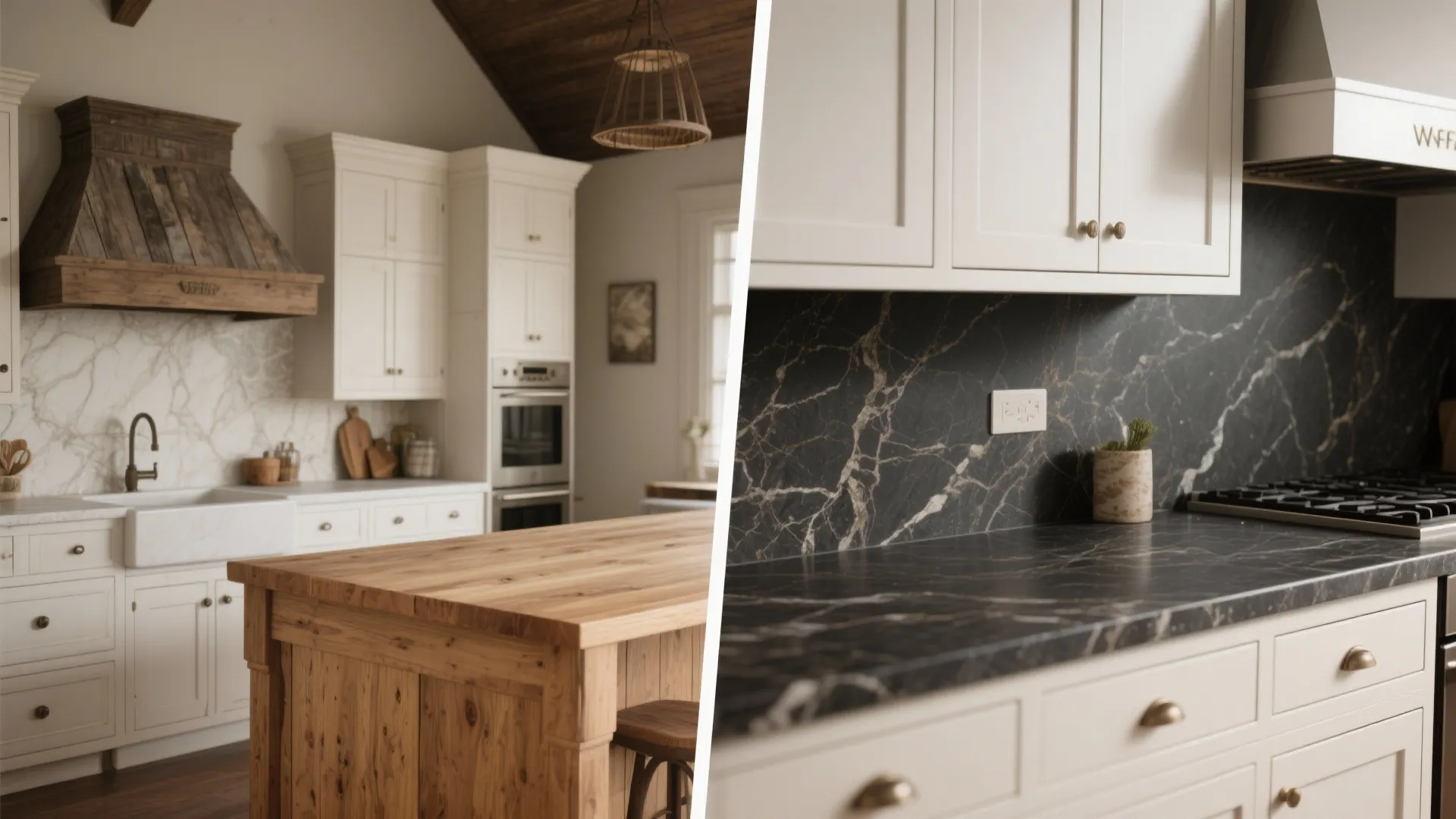 3. Contrasting Worktops: Wood or Dark Stone