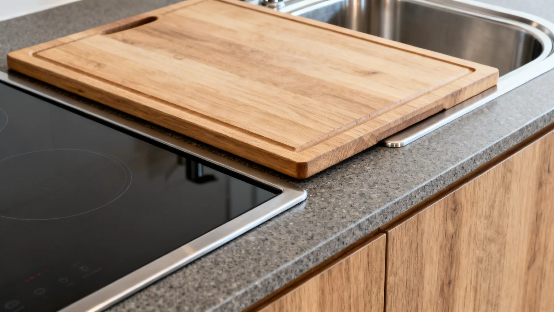 Close-up of a flush hob and a slide-over board spanning a compact sink for extra prep space.