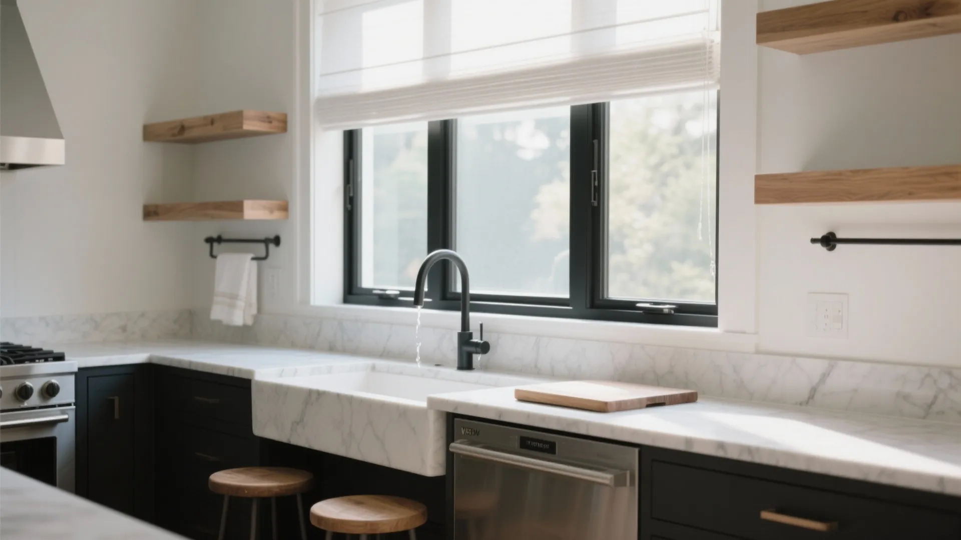 Modern kitchen with white marble countertop black faucet wooden wall shelves black cabinets and window