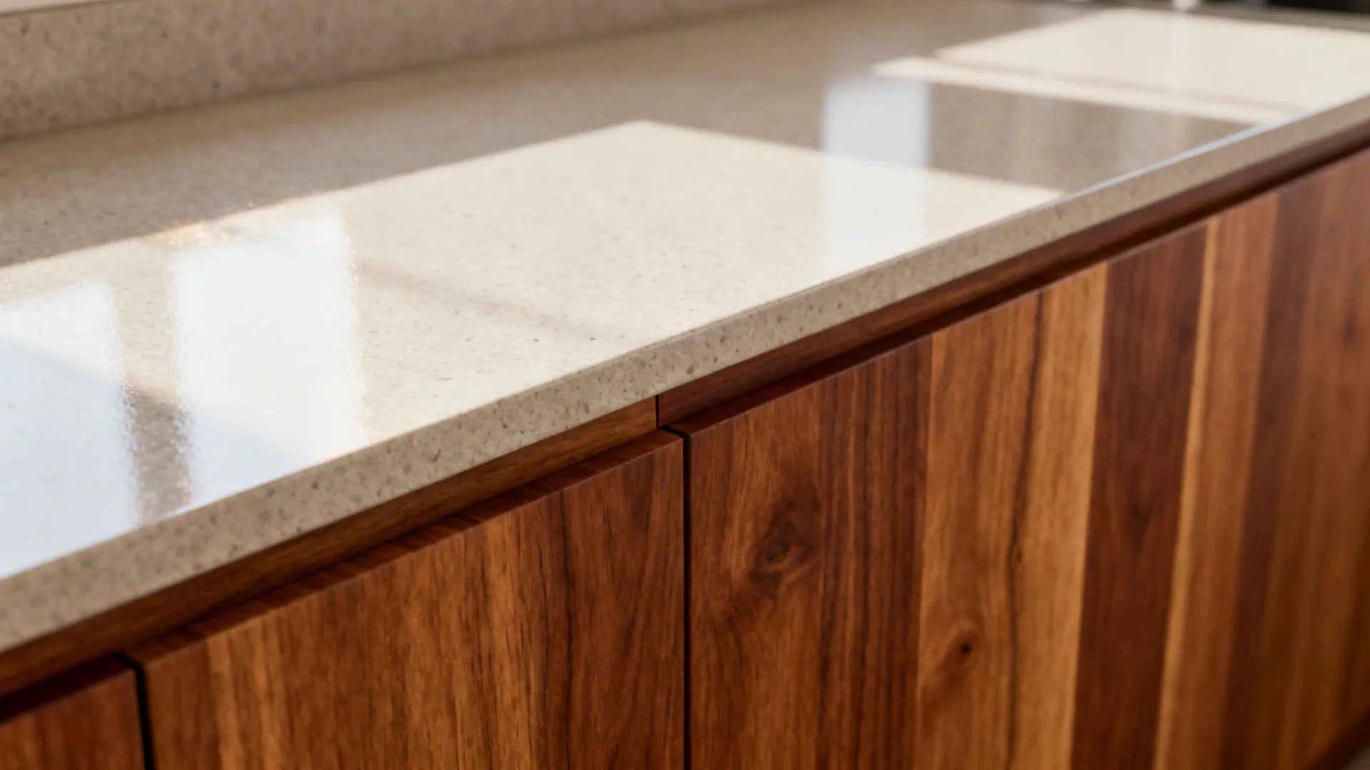 Macro of a clean transition between laminate or quartz and butcher-block counters.
