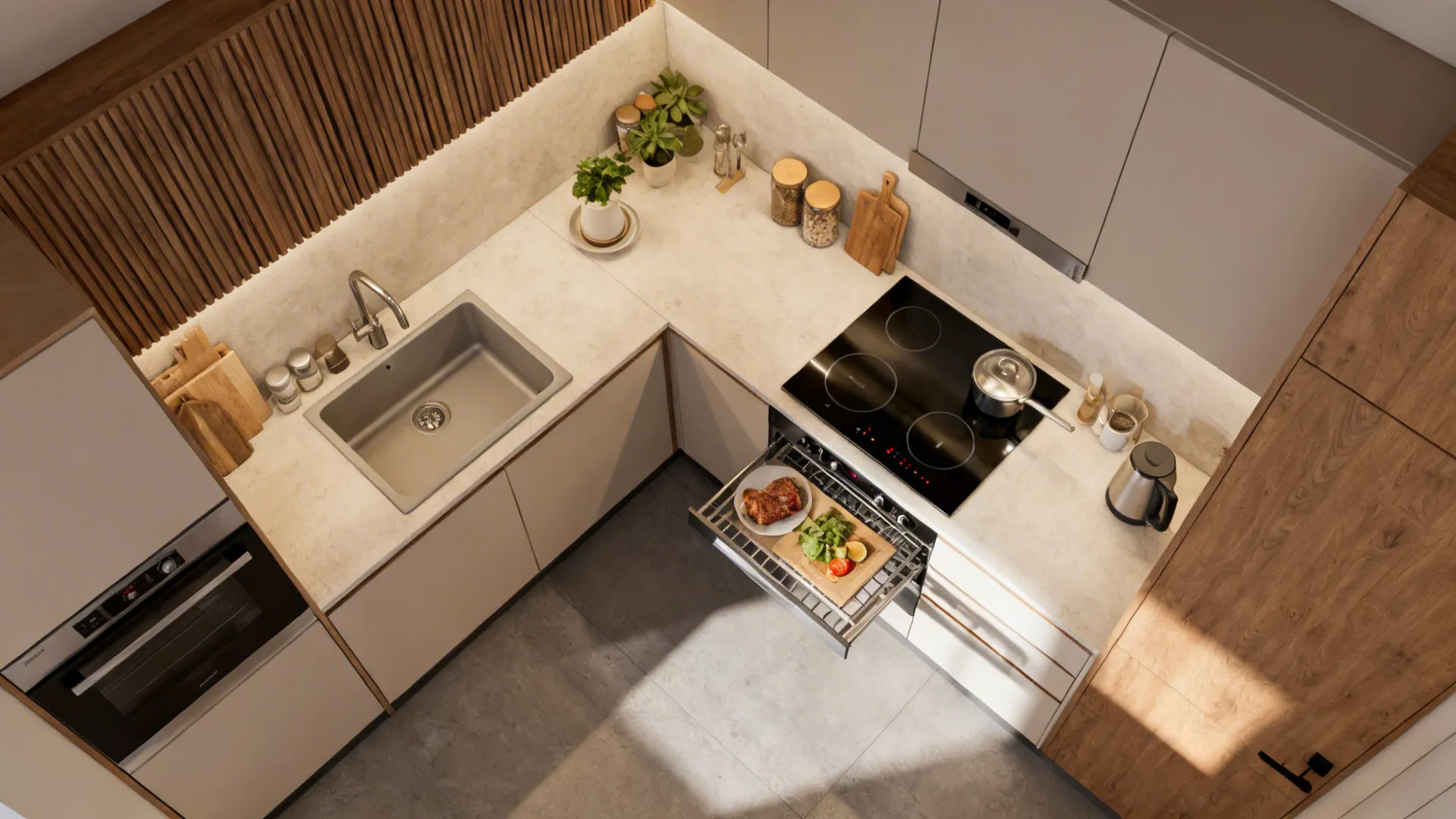 Top-down view of a single multifunctional workwall showing sink, cooktop, and pull-out prep shelf