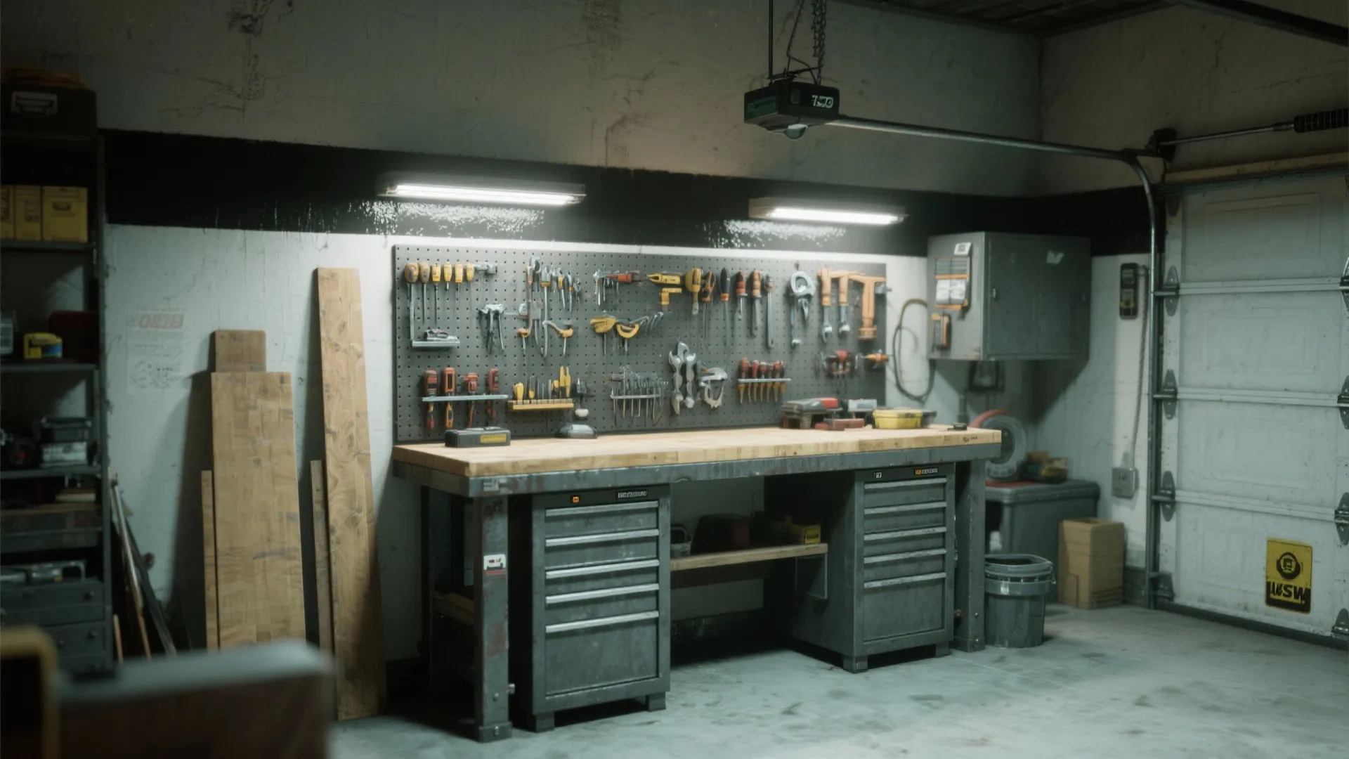 Garage workshop with a wooden workbench metal cabinets and tools hanging on a grey pegboard