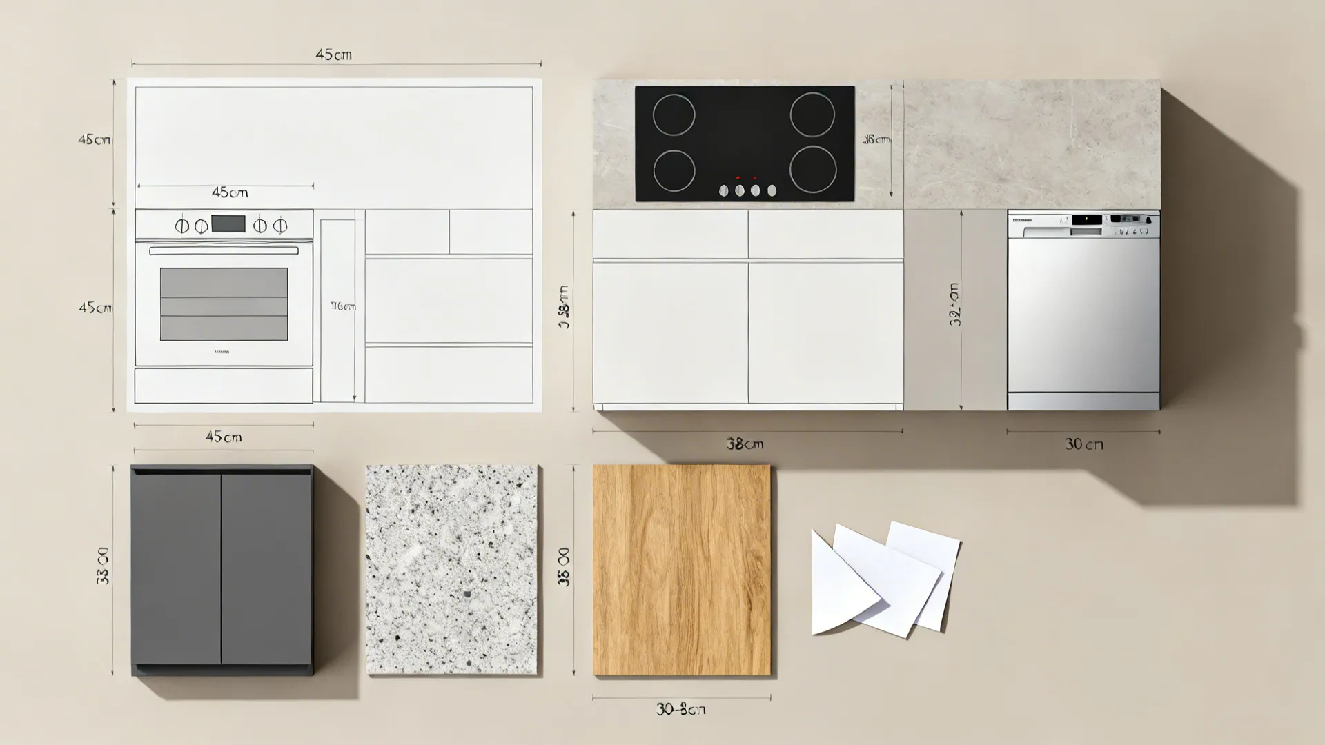 Flat lay with compact appliance templates and marked landing zones