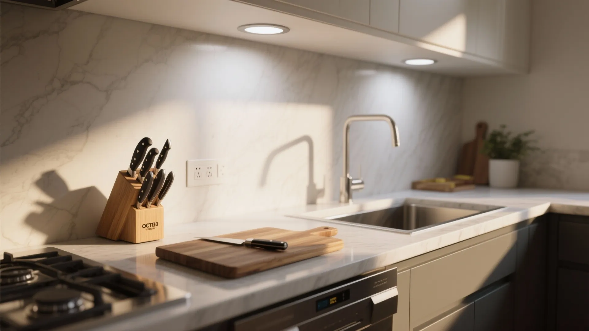 Countertop work zone illuminated by recessed lights with minimal shadows for food prep.