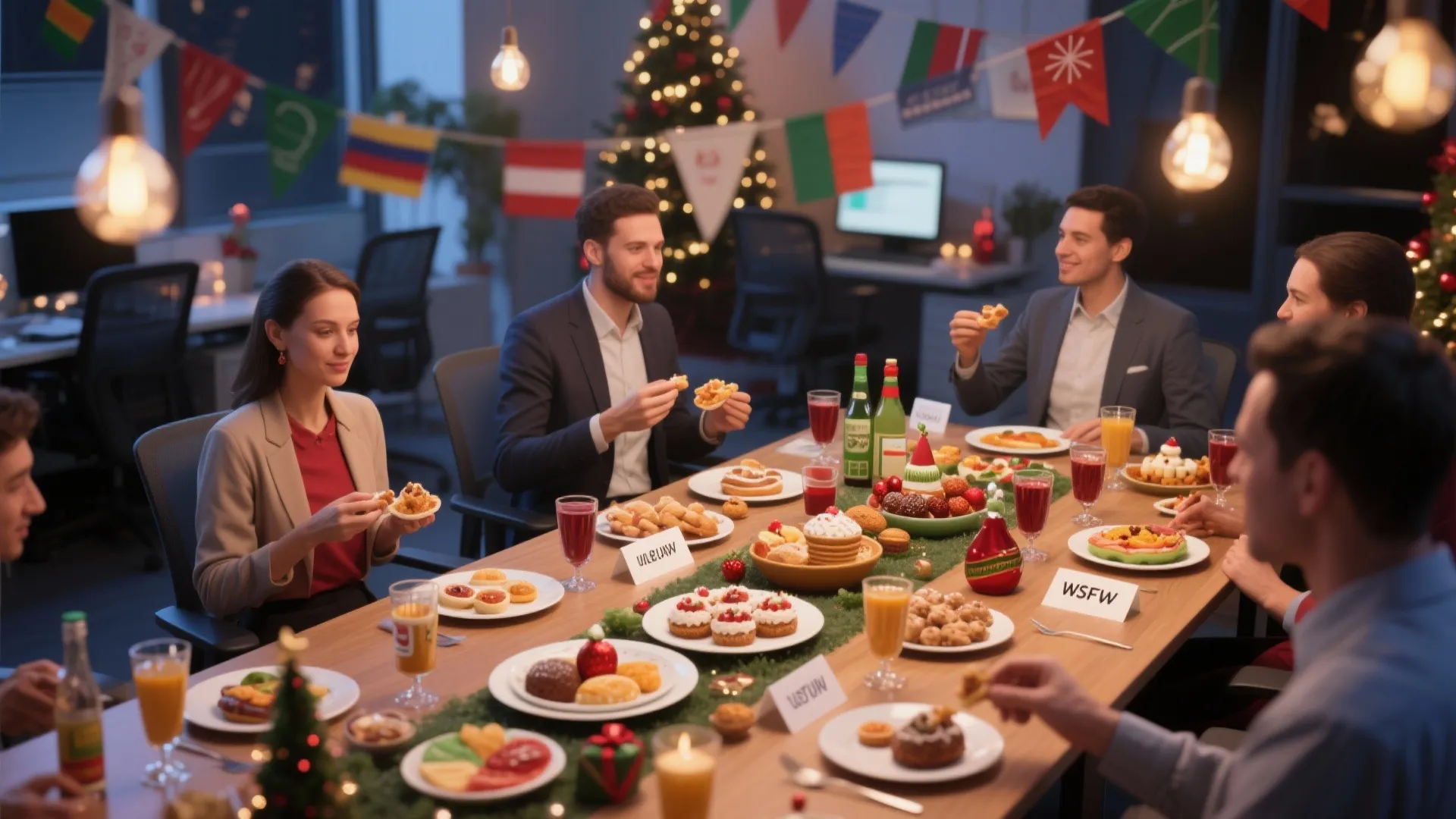 Colleagues enjoying food at a long table with world flags and a lit Christmas tree