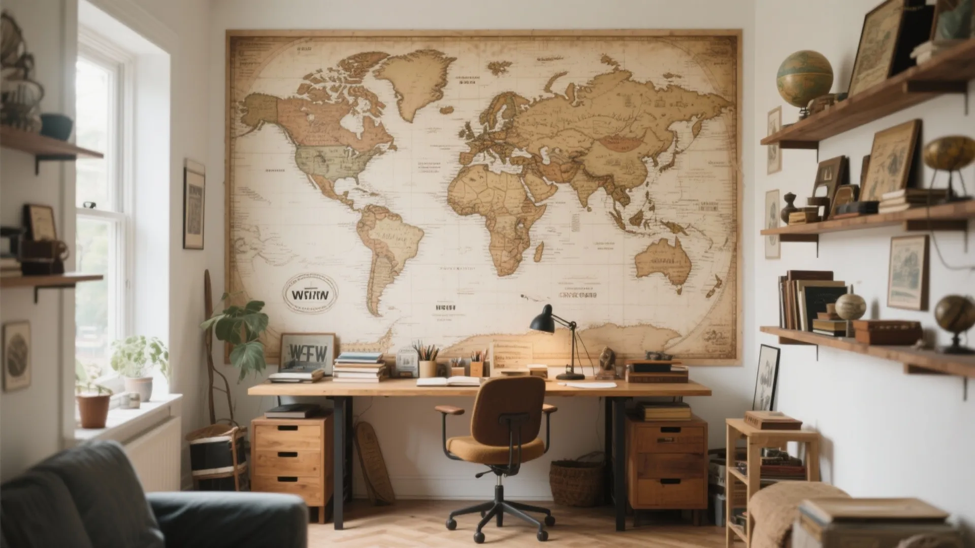 Vintage world map wall art hanging above wooden desk with lamp and a brown chair