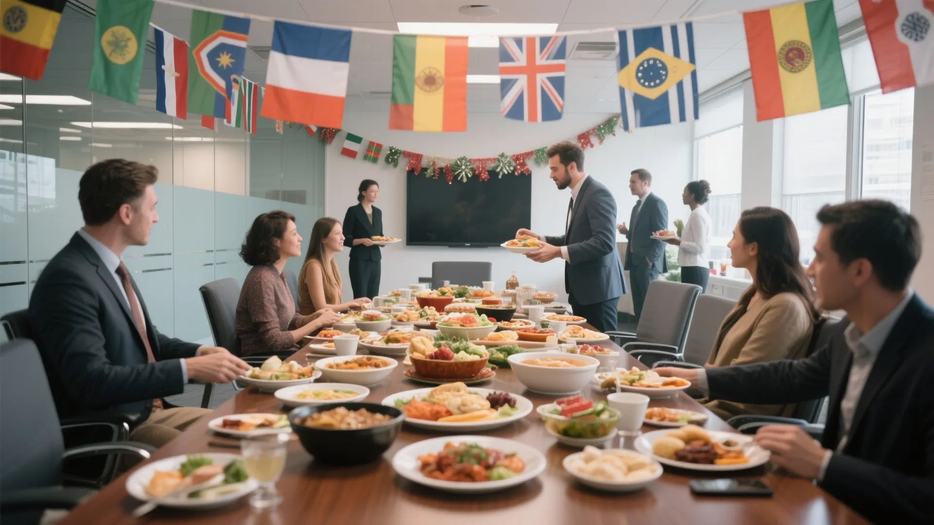 Coworkers sharing international food at a long table under world flags in a bright office