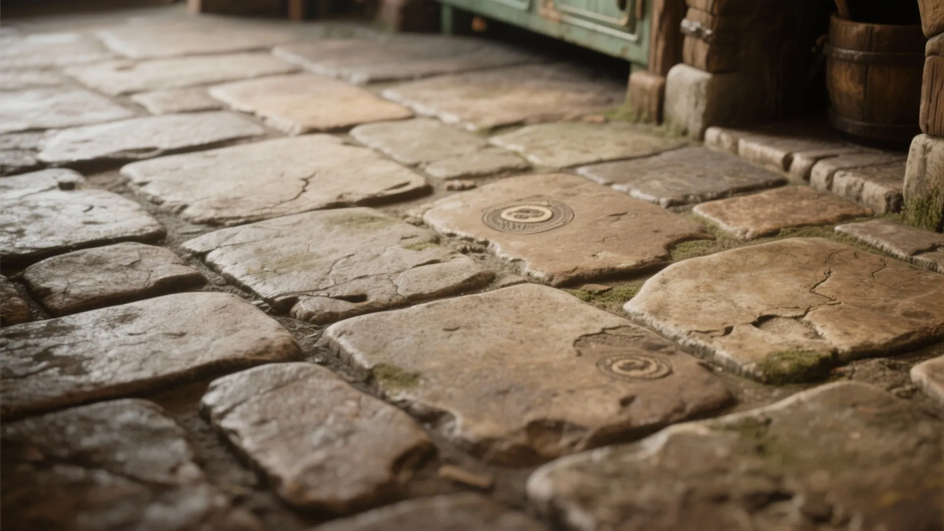 Close up view of rustic worn stone floor tiles with moss and vintage pattern details