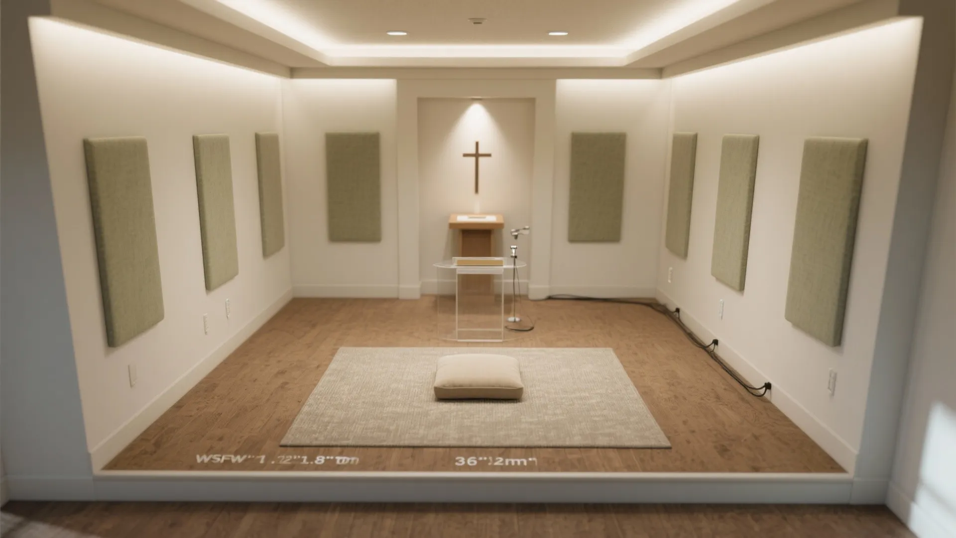 Minimalist prayer room with wooden floors green wall panels a cross and a floor cushion