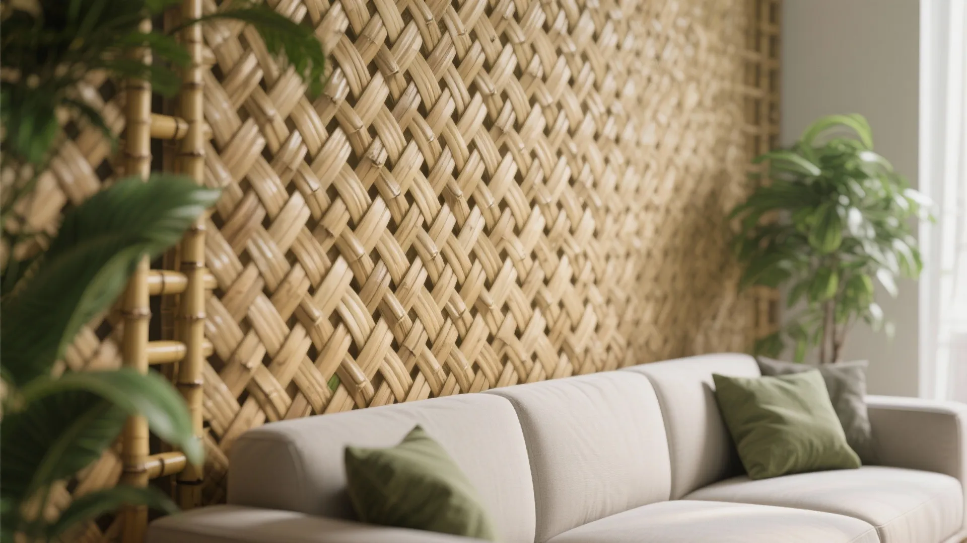 Close up view of woven bamboo wall texture behind a white sofa with green decorative pillows