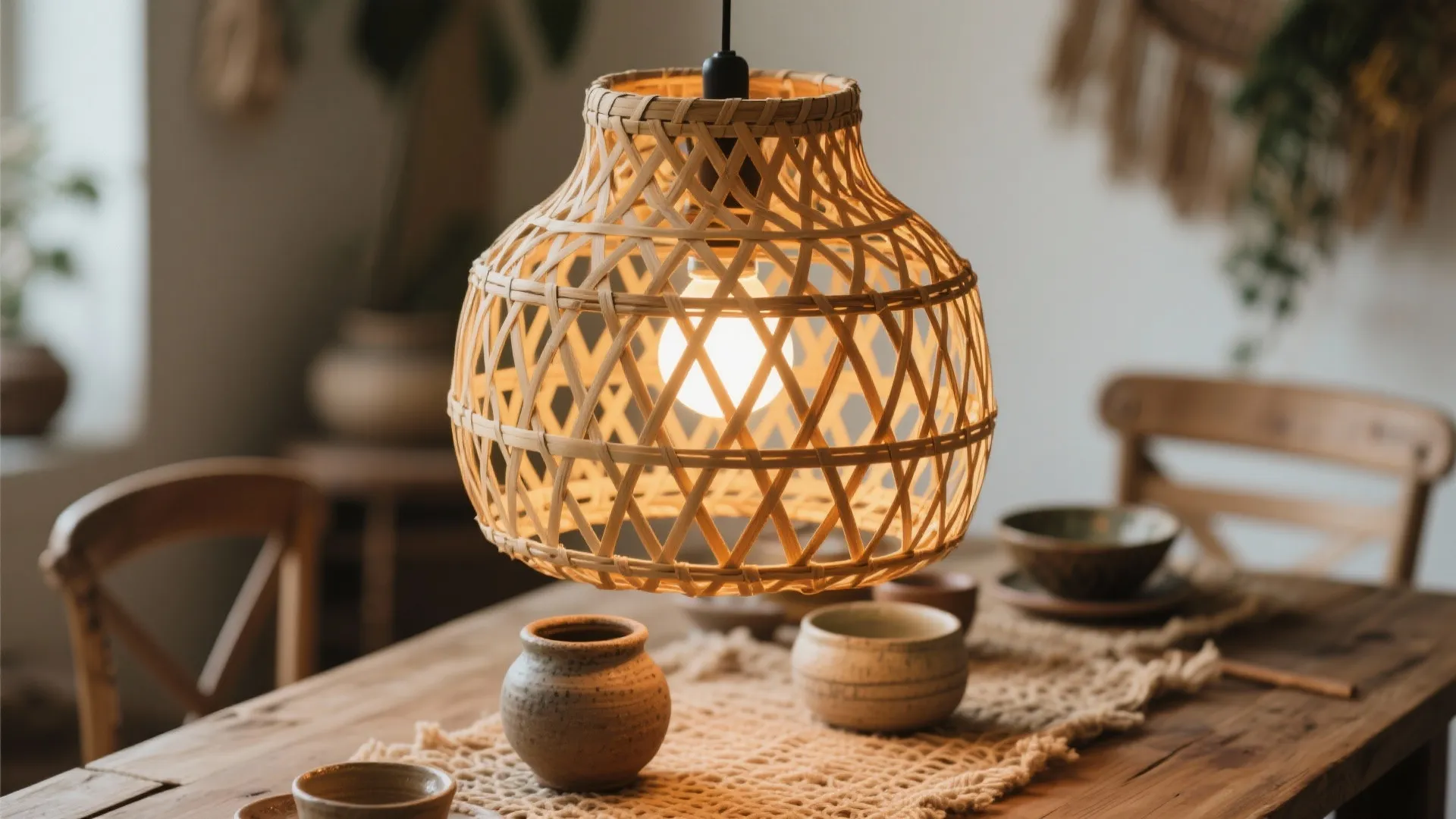 Woven bamboo ceiling light hanging over a wooden dining table with pottery bowls and cups