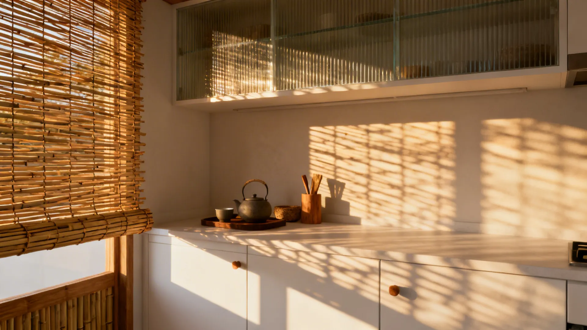 Kitchen counter with a teapot under warm sunlight through a woven bamboo window shade cover