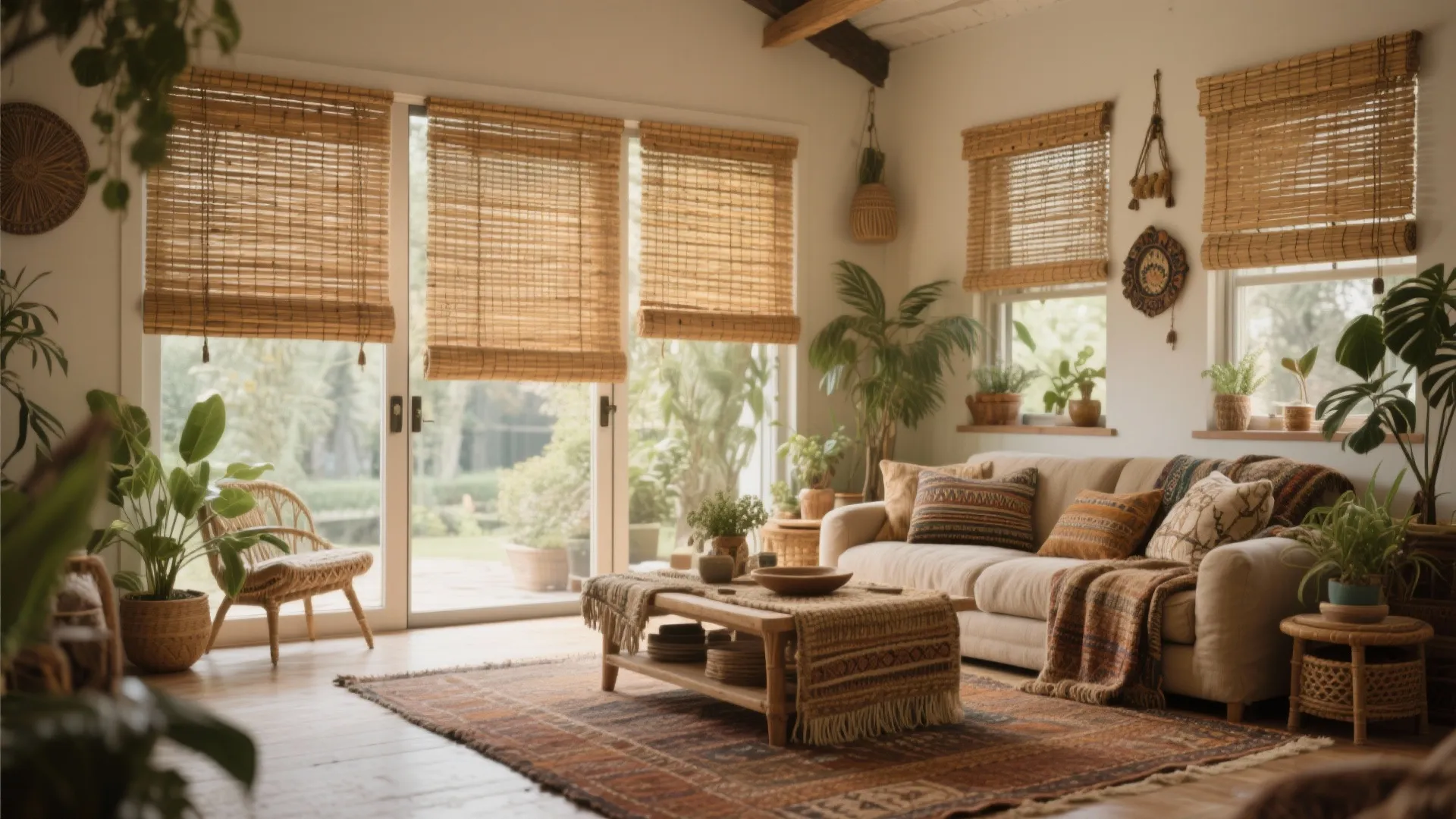 Bohemian living room with woven bamboo window shades beige sofa patterned rug and many green plants
