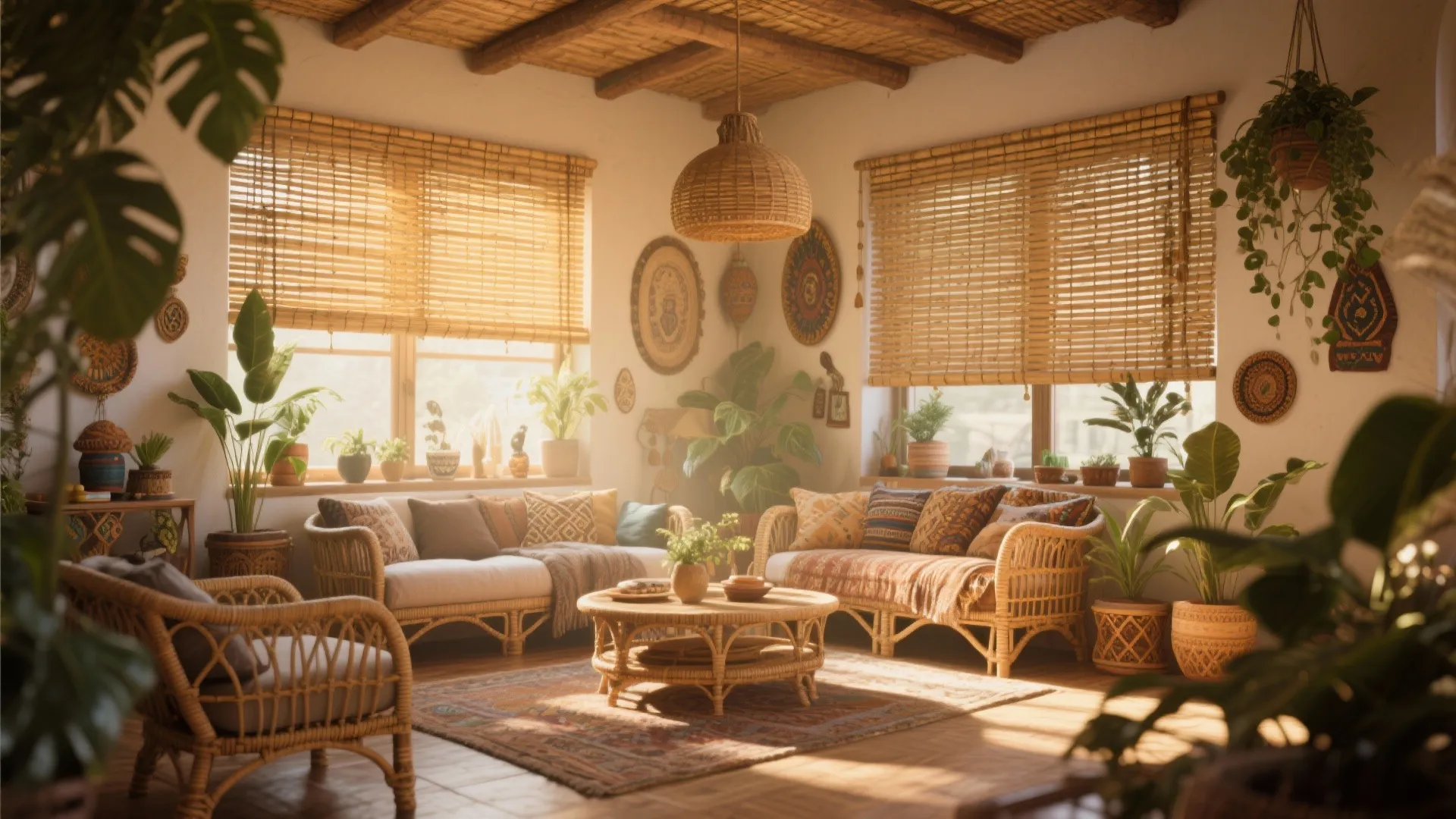 Bohemian living room with woven bamboo window shades