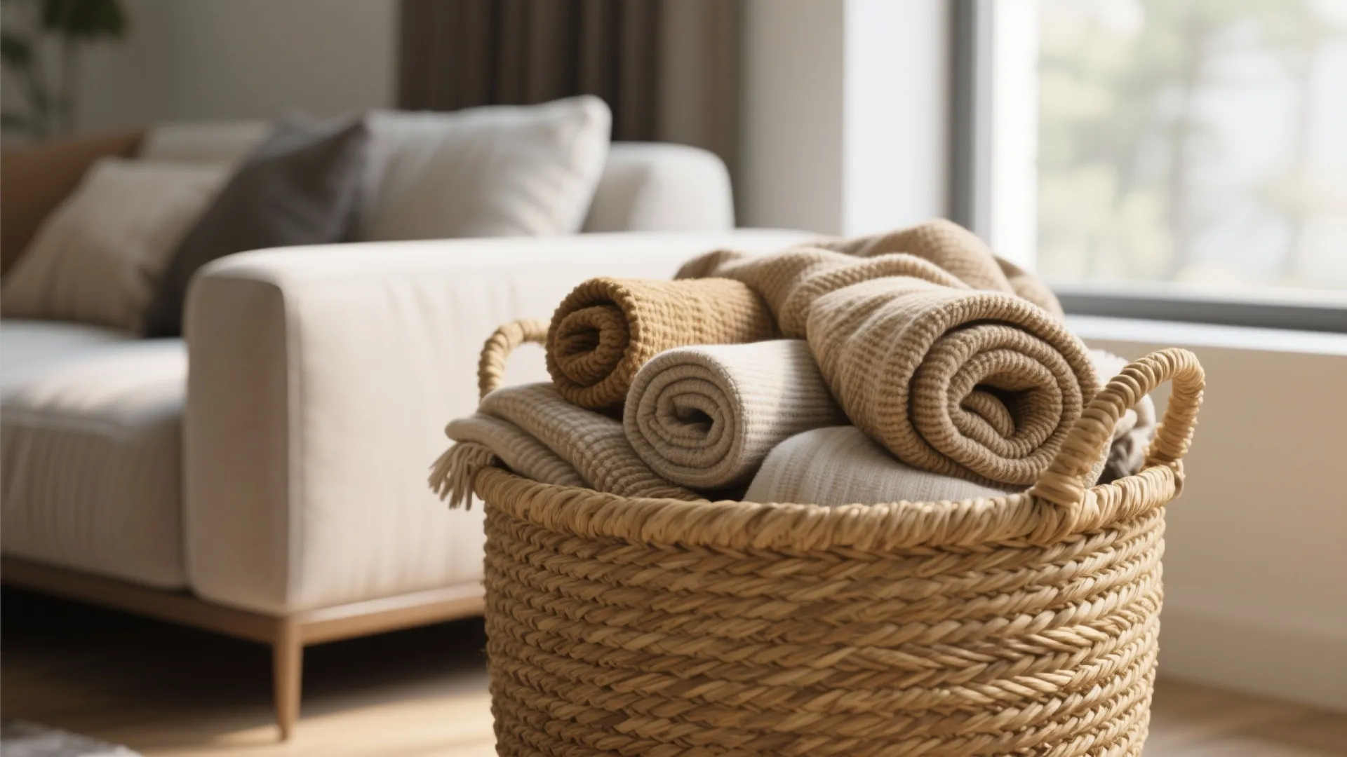 3. Woven Basket Beside the Sofa