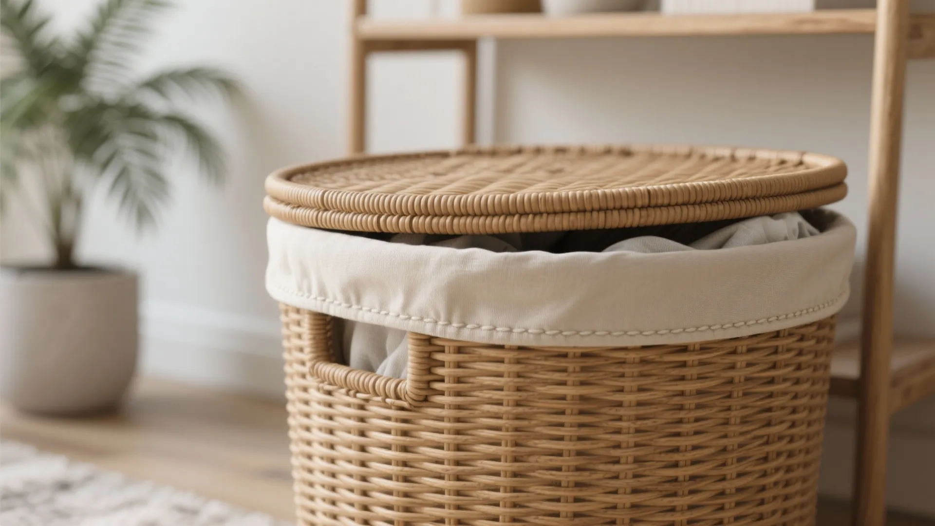 Close up view of a woven laundry basket with a lid and fabric liner inside room