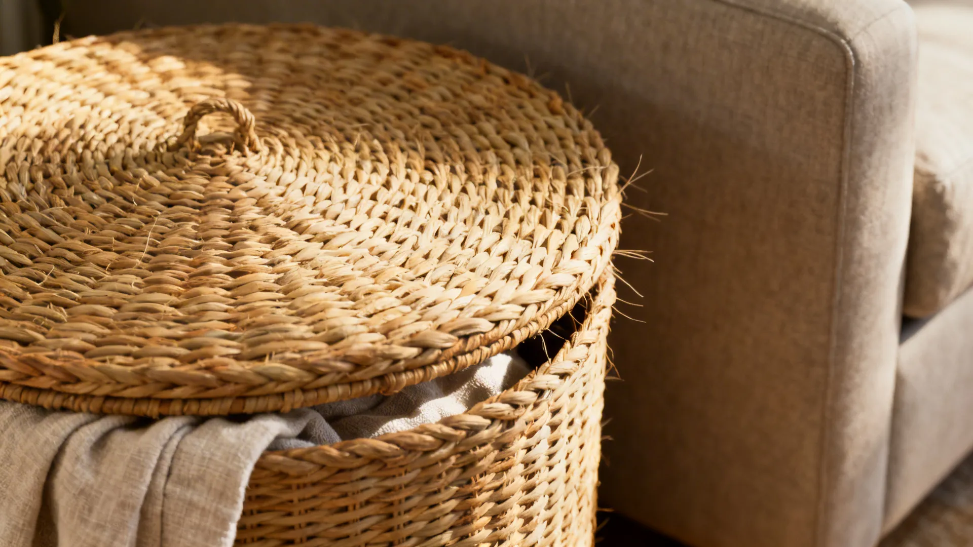 Lidded seagrass basket with a linen throw peeking out, showing tight weave texture.