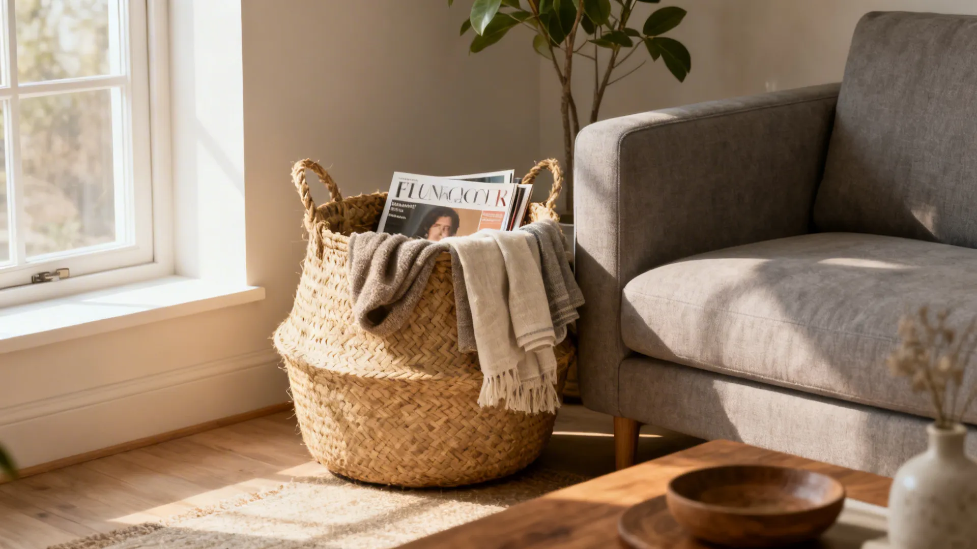 Large woven basket holding magazines and blankets on wooden floor beside a modern grey sofa