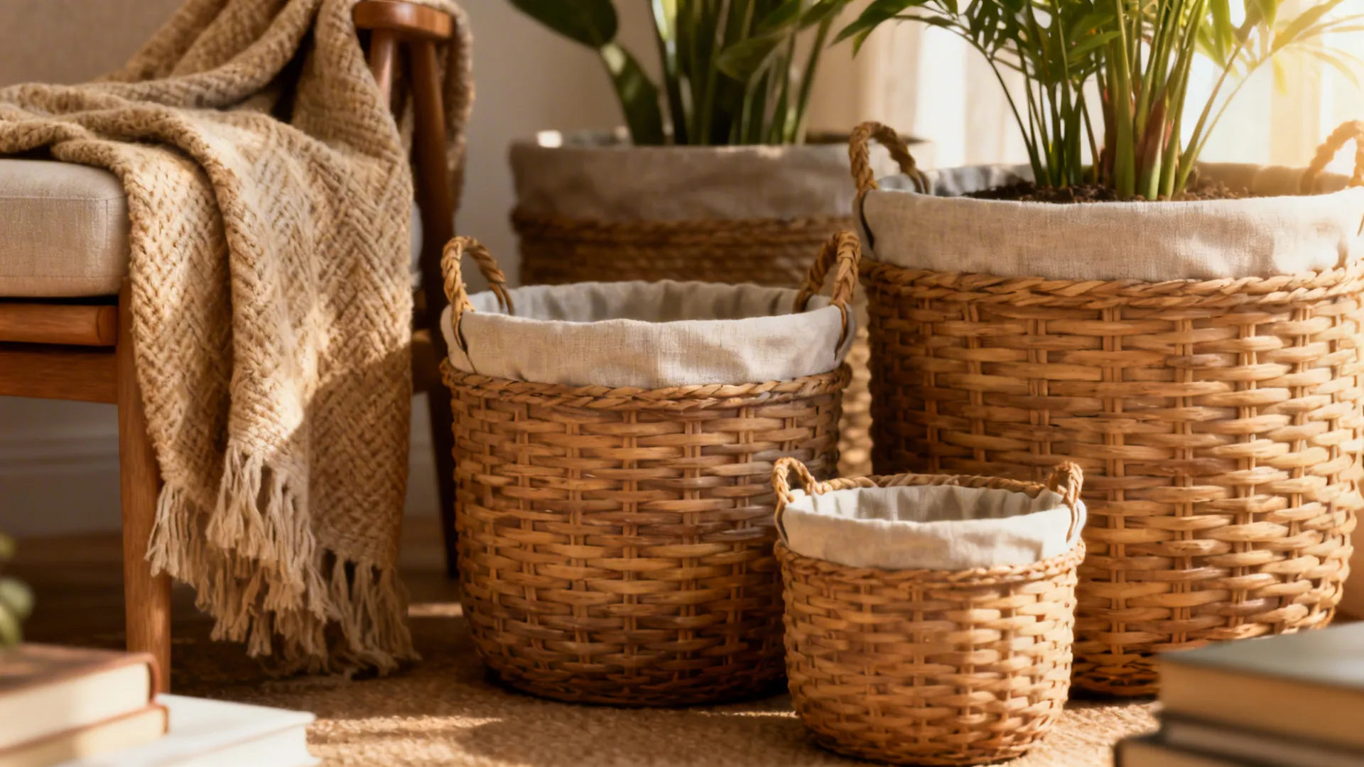 Three woven storage baskets used as plant pots next to a wooden chair and blanket