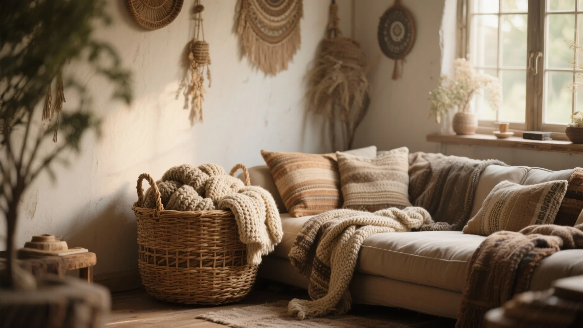 Cozy rustic living room featuring a woven basket with thick blankets next to a sofa