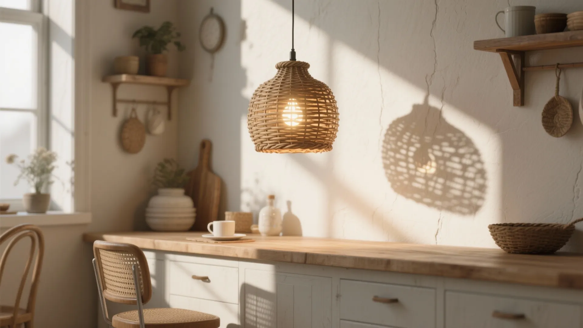 Warm kitchen interior design with woven basket ceiling light over a wood counter and shelves