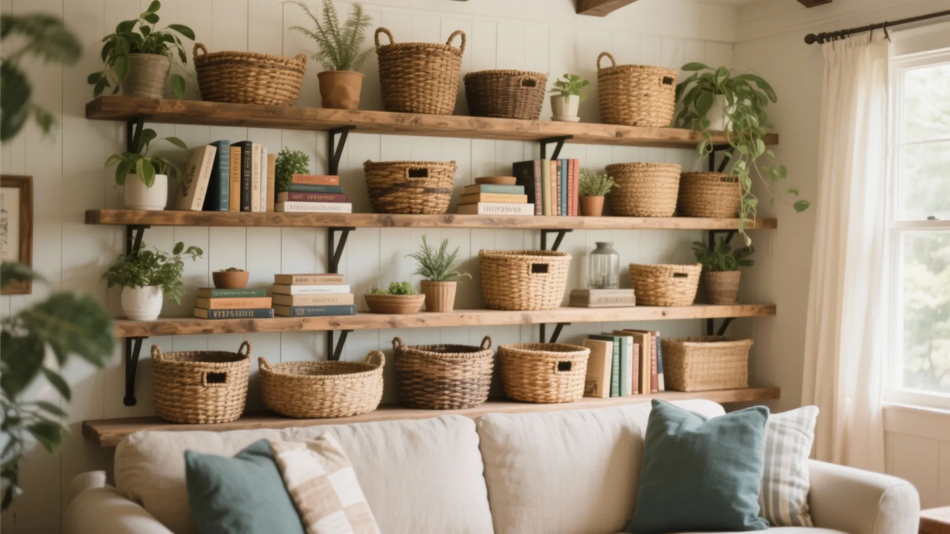 Large wooden wall shelves filled with woven baskets green plants and books above a white sofa