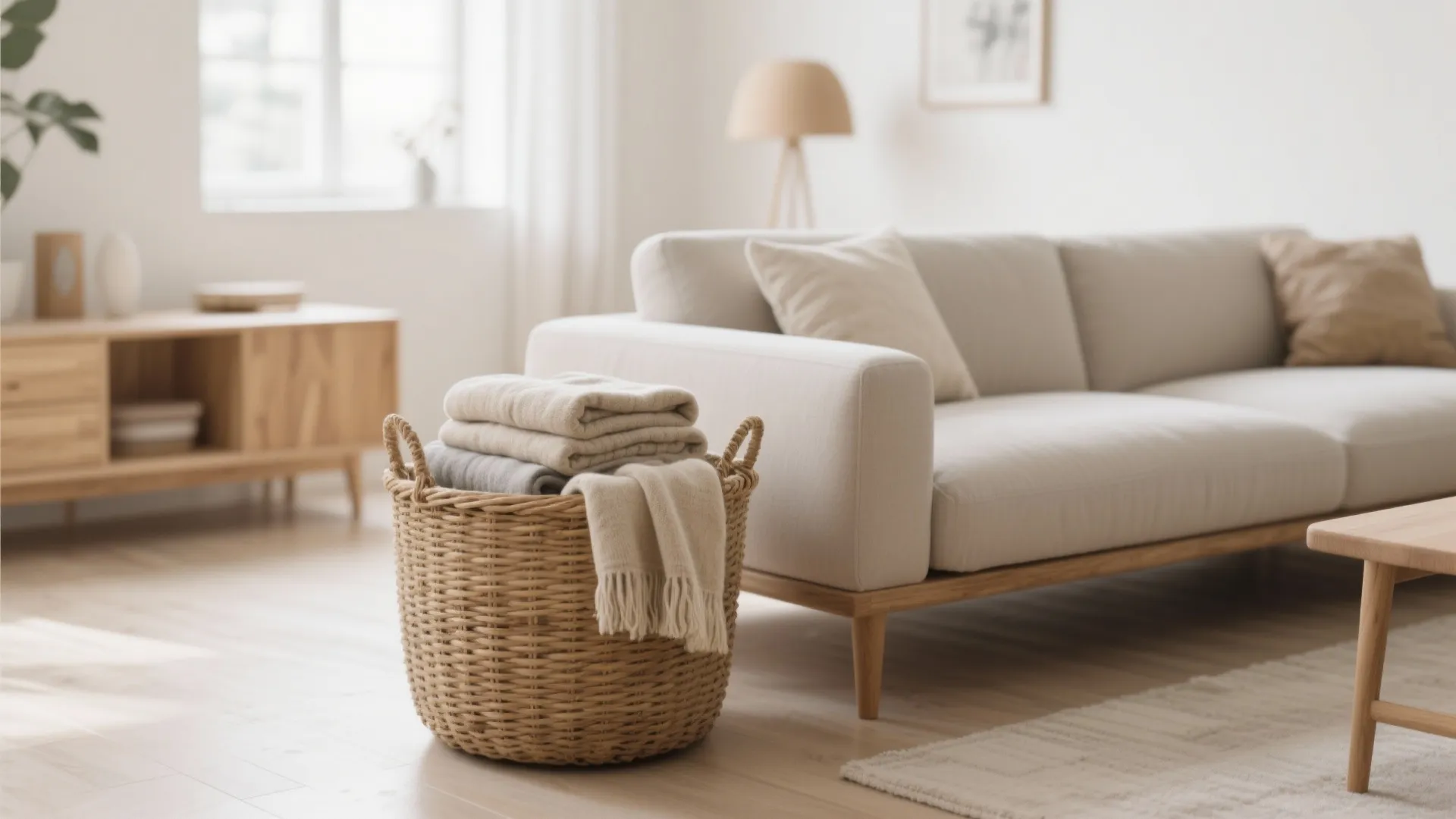 Woven storage basket with folded blankets sitting on wood floor next to a beige sofa