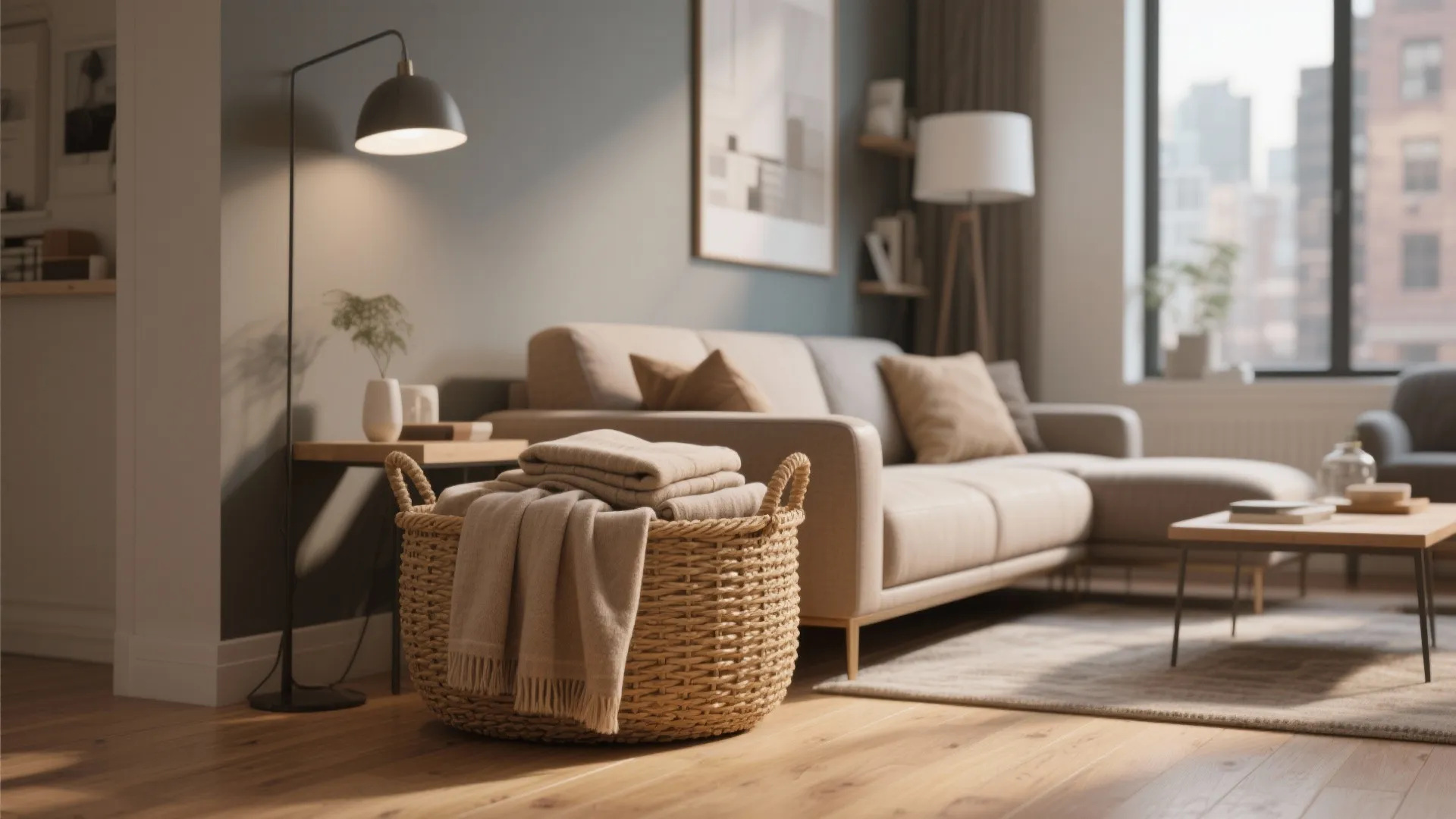 Woven basket beside sofa storing throw blankets in a cozy living room
