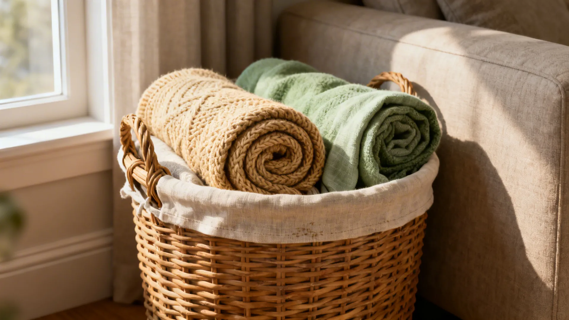Woven wicker basket beside sofa filled with rolled neutral throws and a linen liner