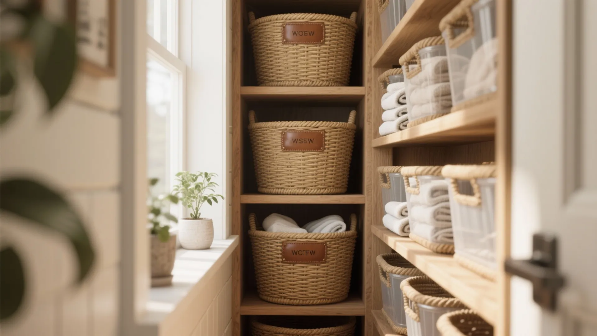 1. Stackable woven baskets on open shelving