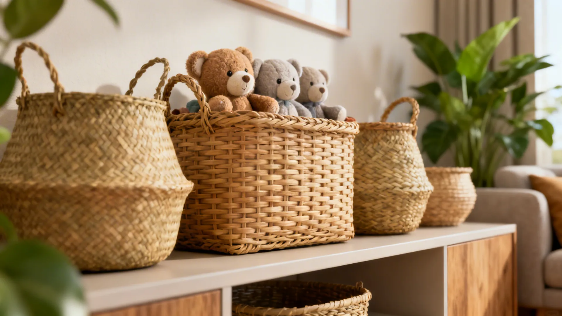 Woven rattan baskets on a shelf used as decorative, accessible toy storage.
