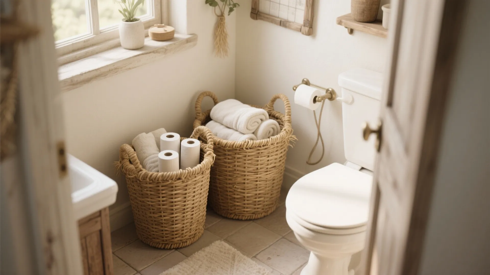 Two woven storage baskets on bathroom floor containing rolled white towels and extra toilet paper rolls