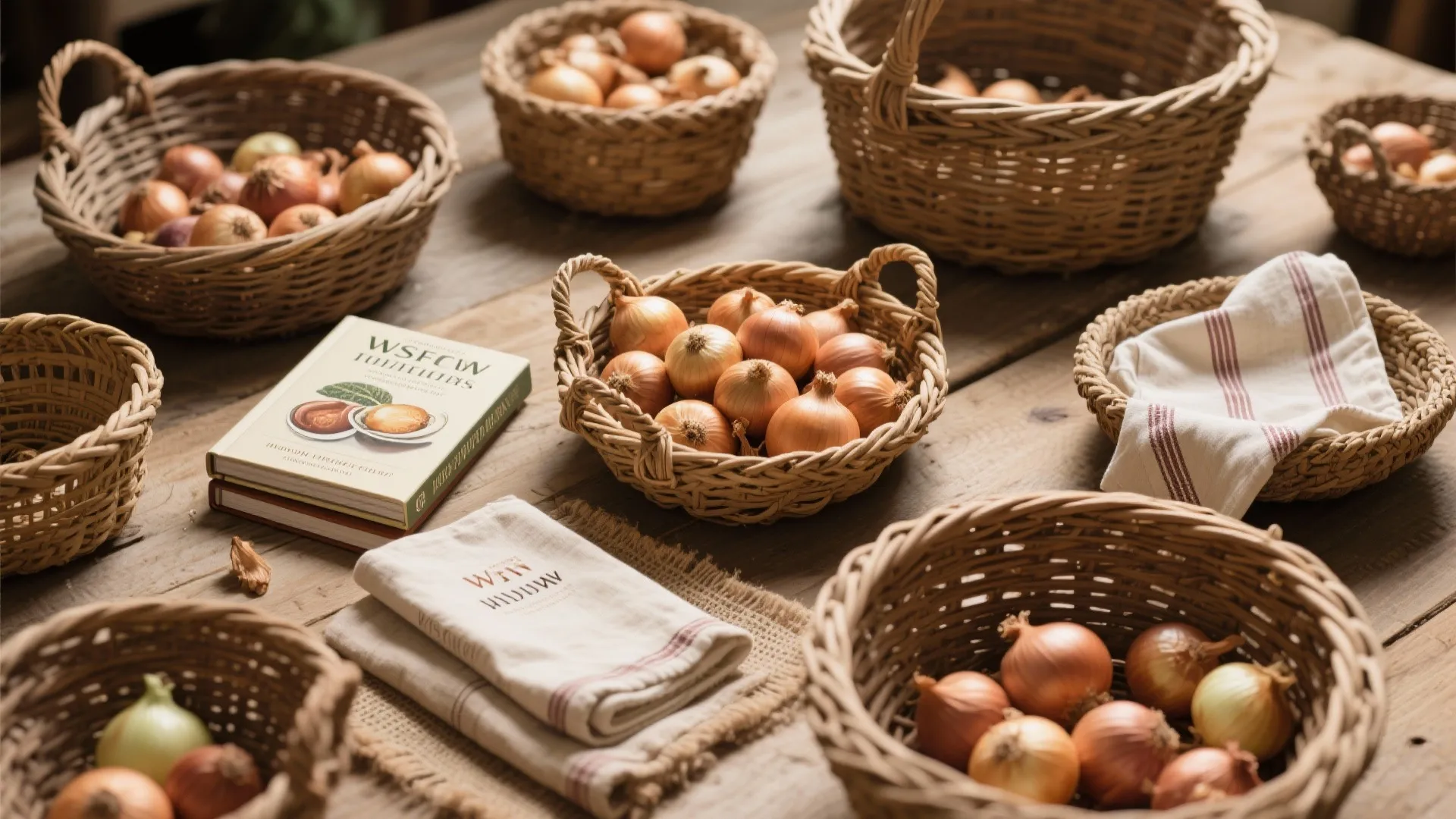 Woven baskets holding kitchen items