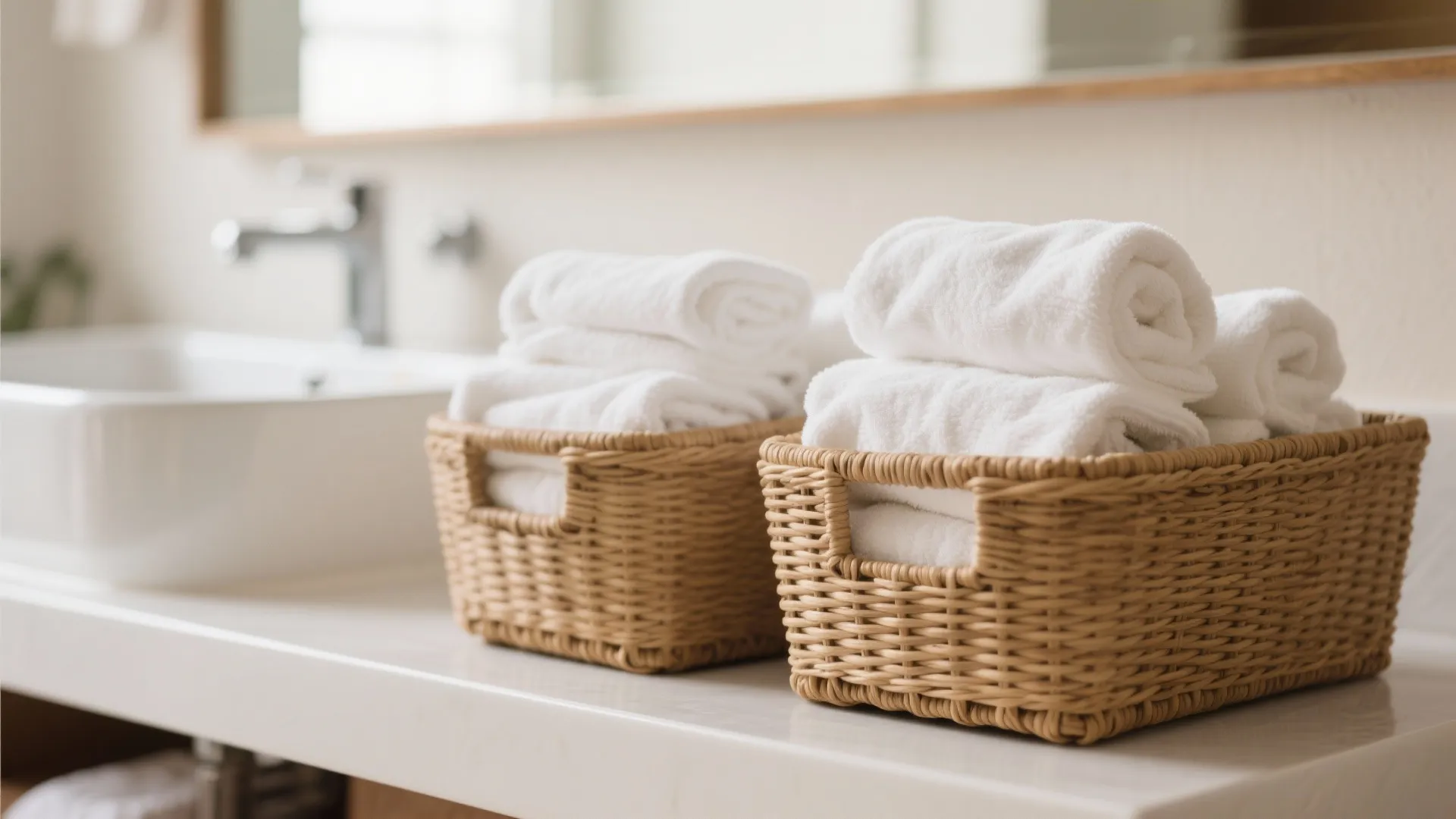 Two woven storage baskets filled with rolled white towels on a clean white bathroom counter