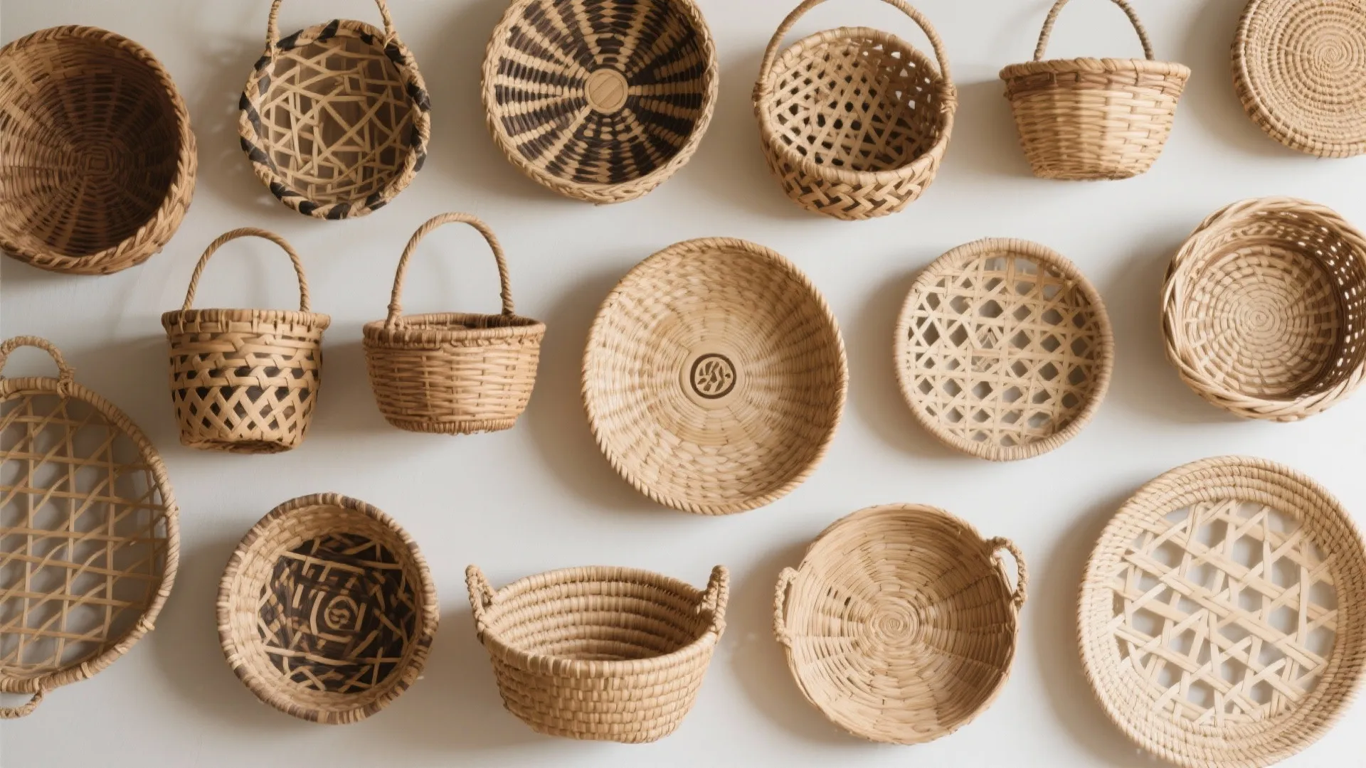 Collection of various woven straw baskets in different patterns hanging as decor on white wall