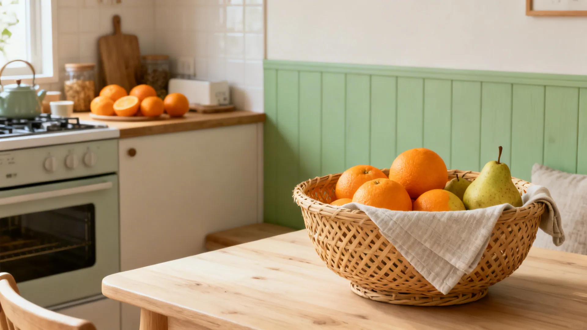 Rattan woven fruit bowl with a cotton liner holding oranges and pears in a cozy nook.