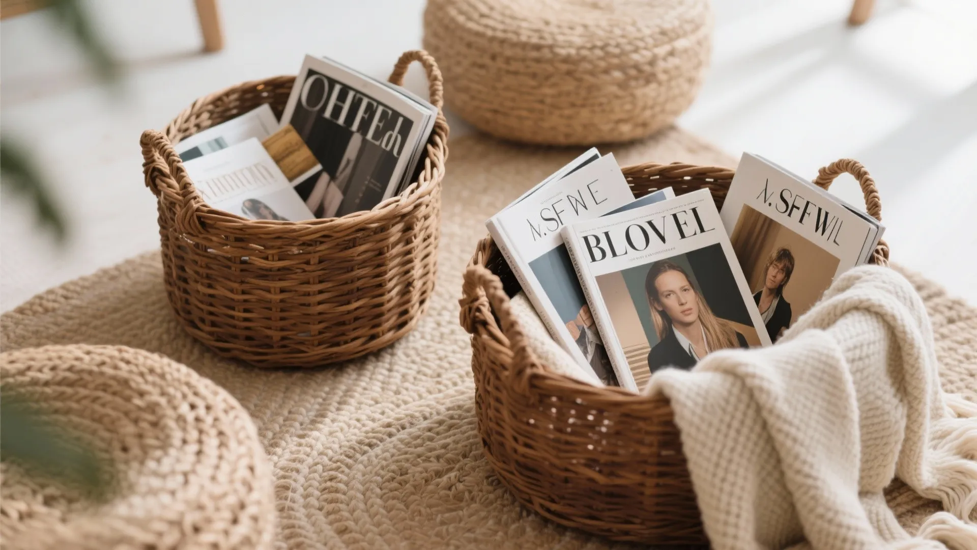 Woven brown baskets with throws and magazines