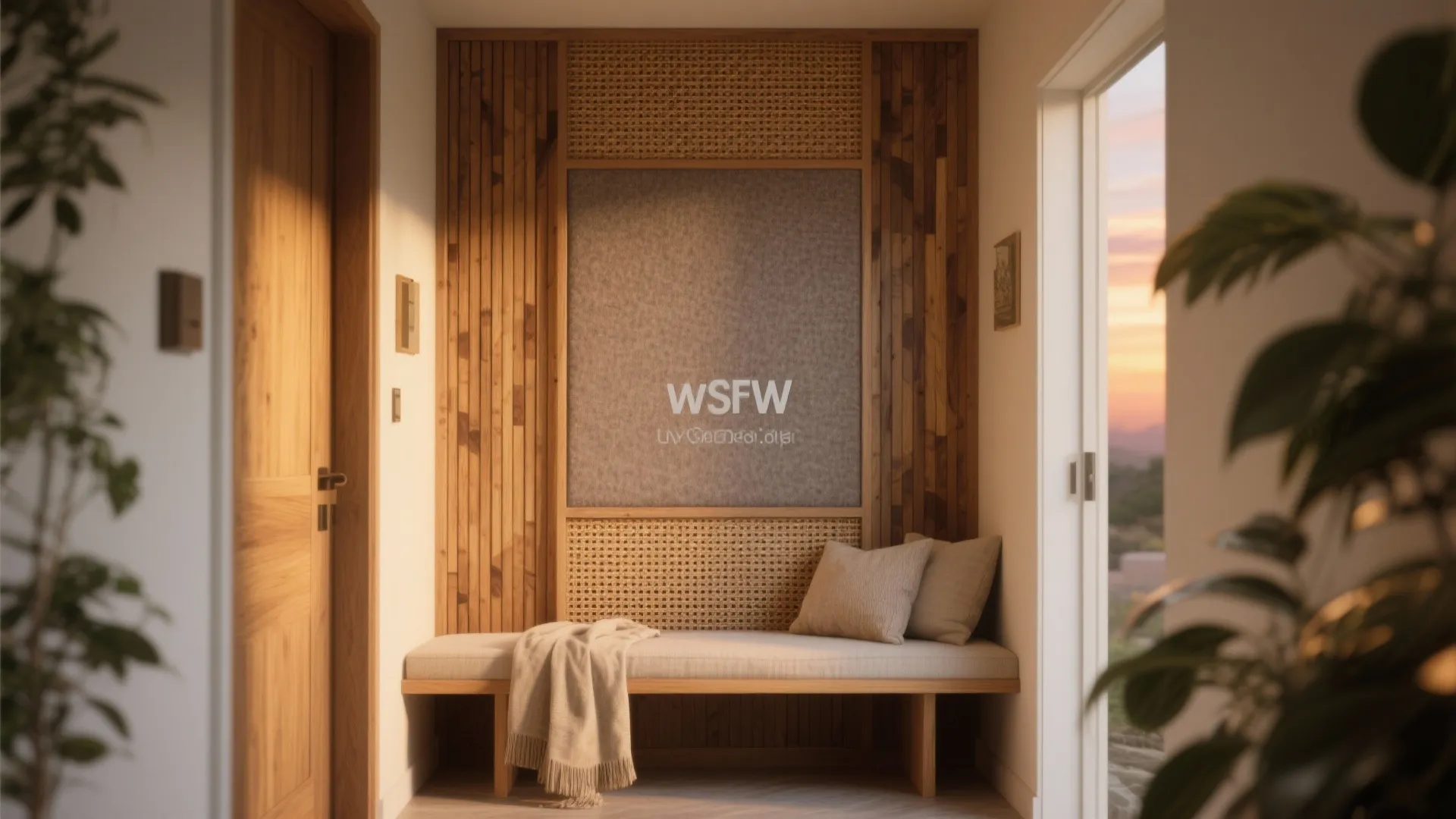 Woven Wood, Cane, and Acoustic Slats for Warmth