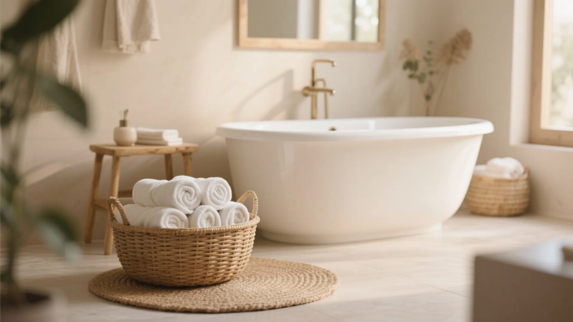 Bright bathroom with white bathtub, woven floor basket for towels, wooden stool, and neutral tiles