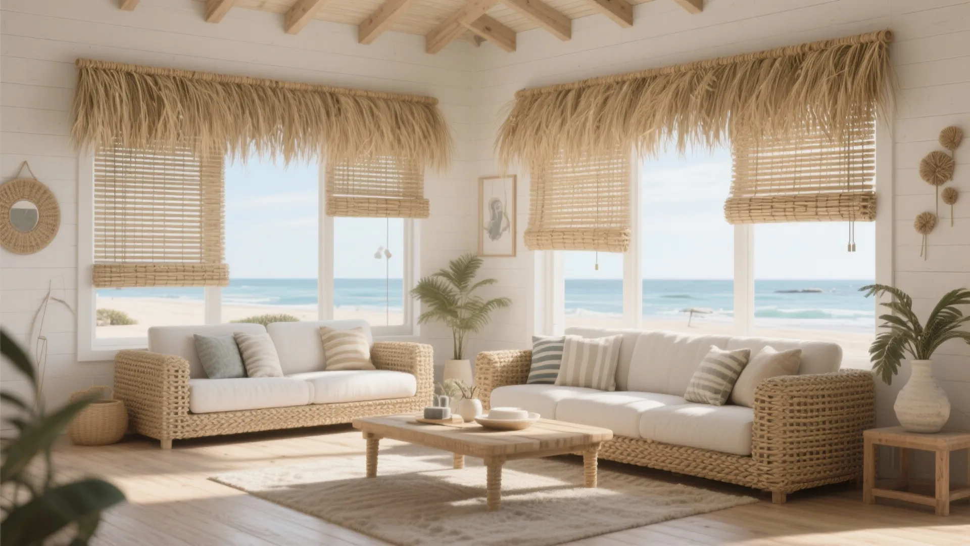 Beach house living room with woven grass blinds