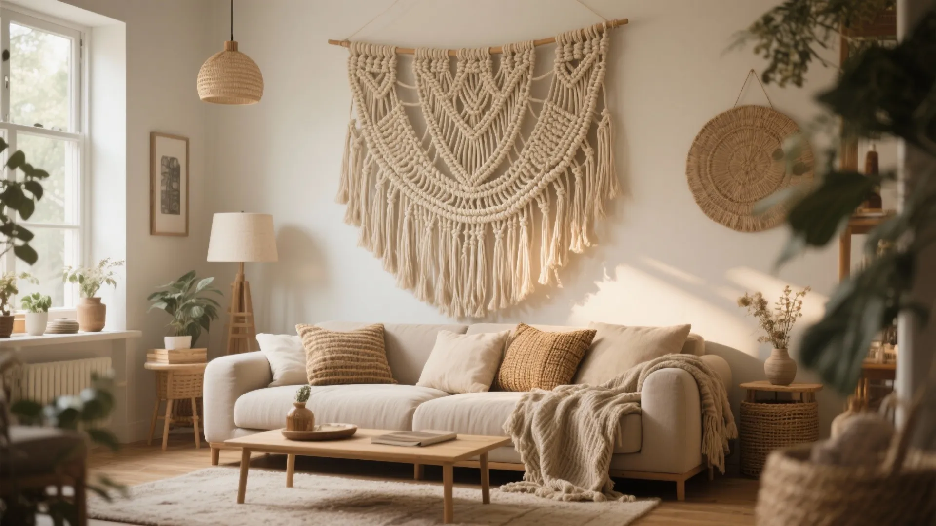 Living room with oversized woven macramé wall hanging