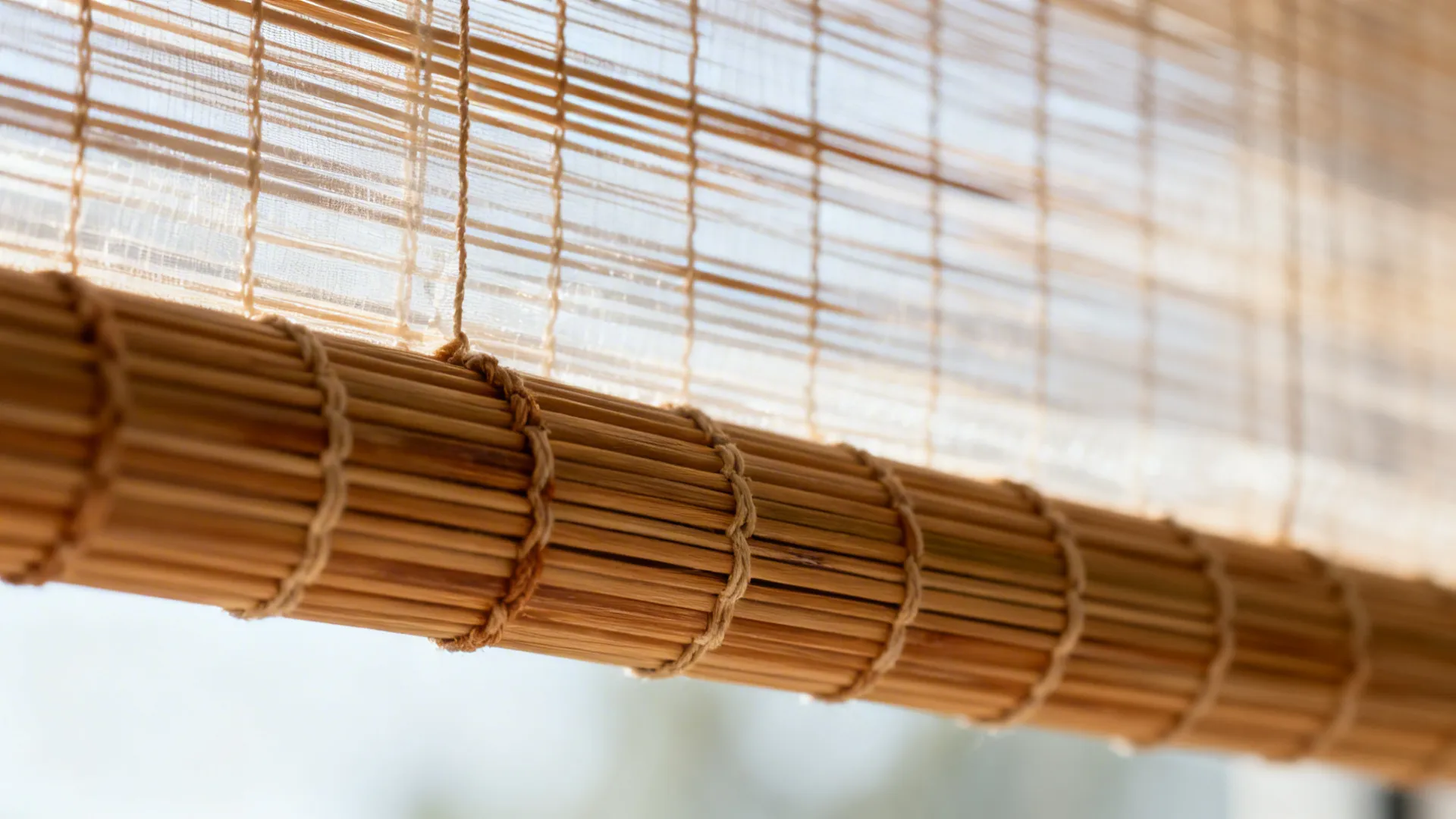 Macro detail of bamboo woven wood shade with edge binding and liner.