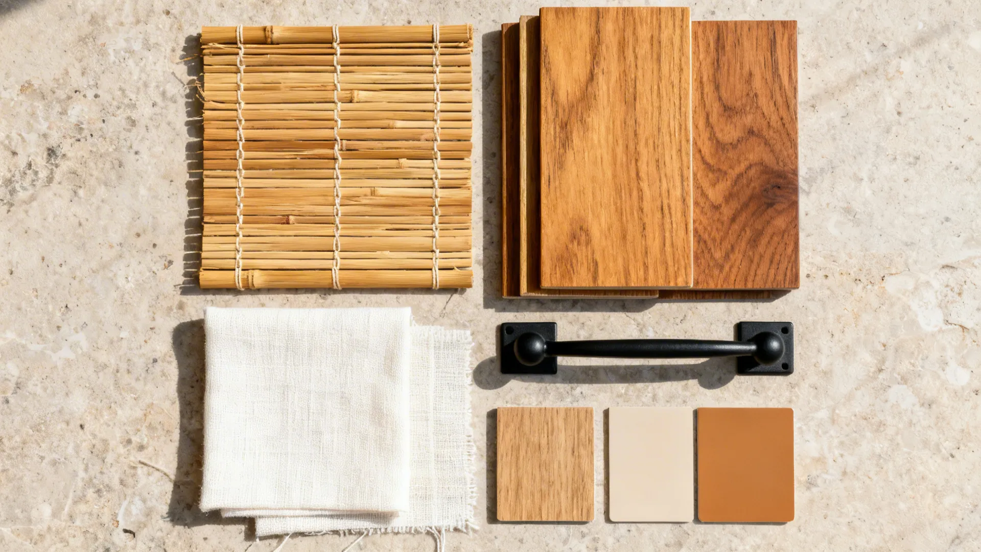 Top-down flat lay of honey-toned woven shade samples with linen and matte-black hardware.