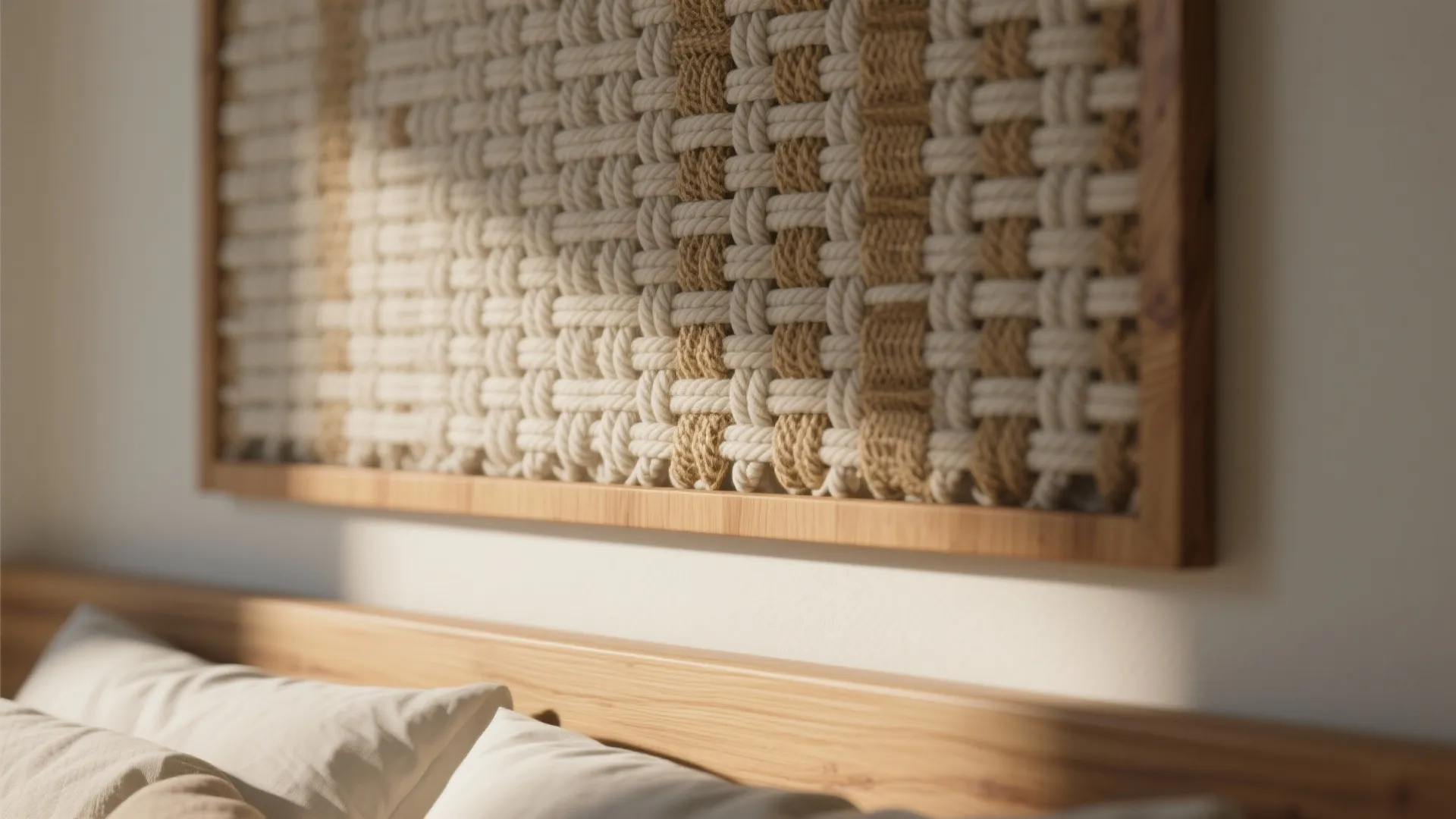 3. Textured focal — woven panel or plywood art