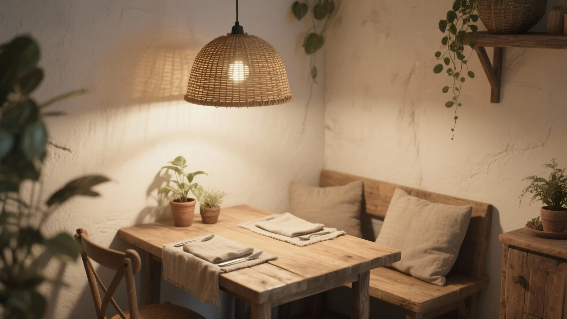 Woven rattan pendant casting soft, diffused light over a small wooden dining table