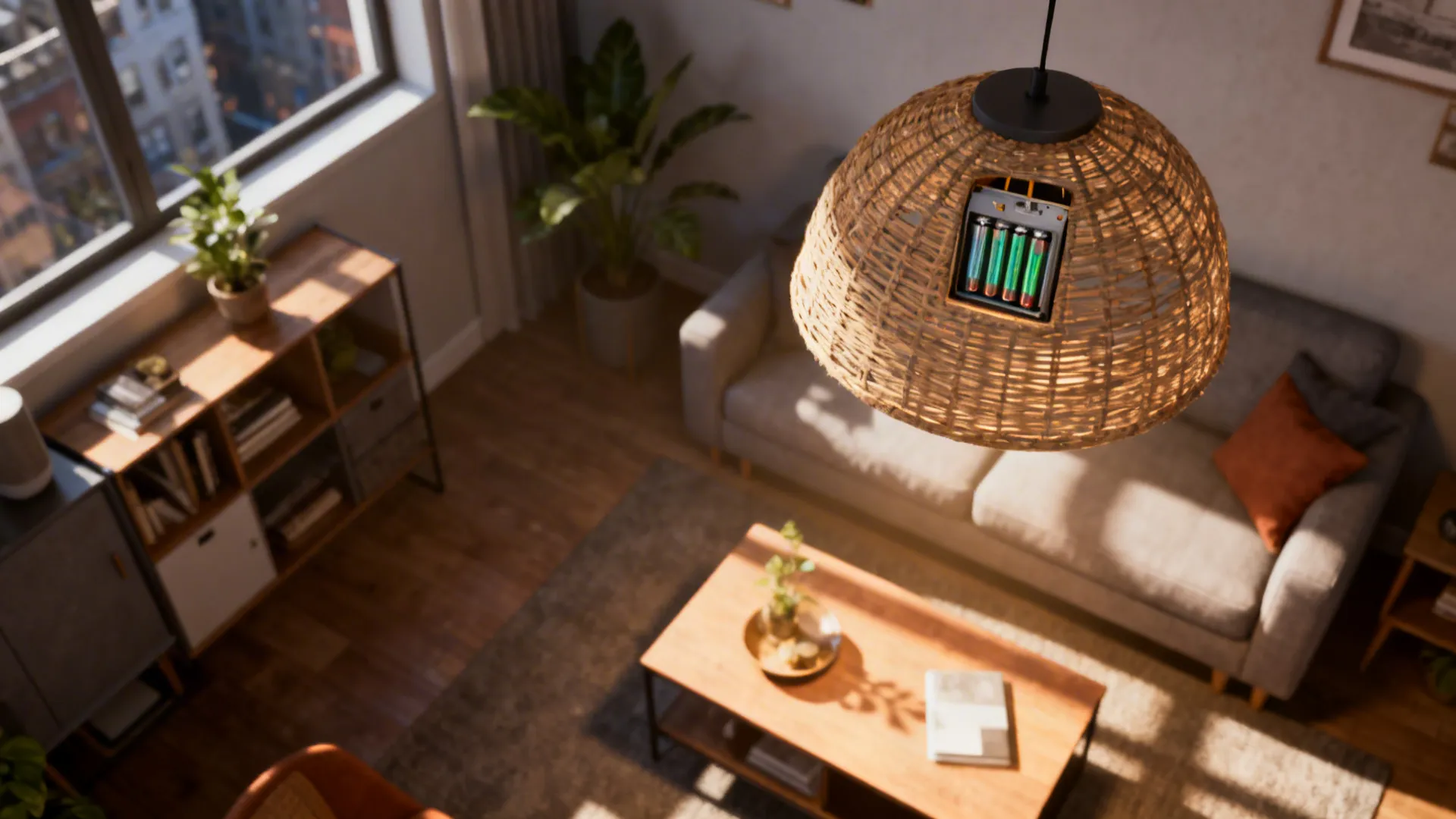 Lightweight woven pendant battery fixture casting warm shadows in a small living room.